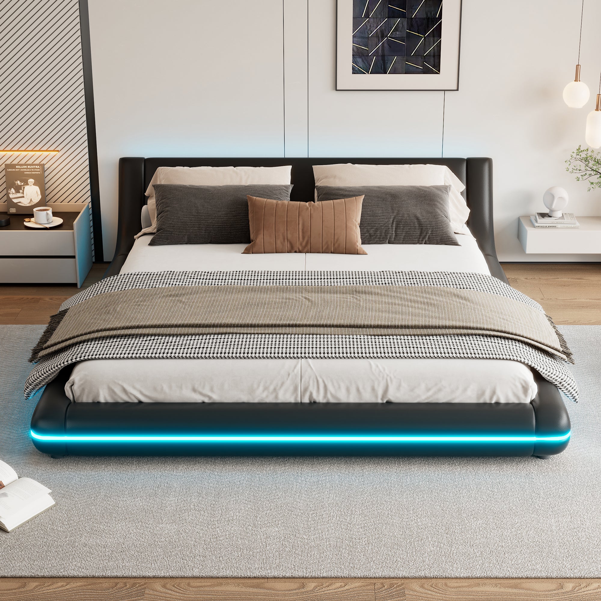 Flatbed Floor Bed 160x200cm with LED Ambient Light PU Black