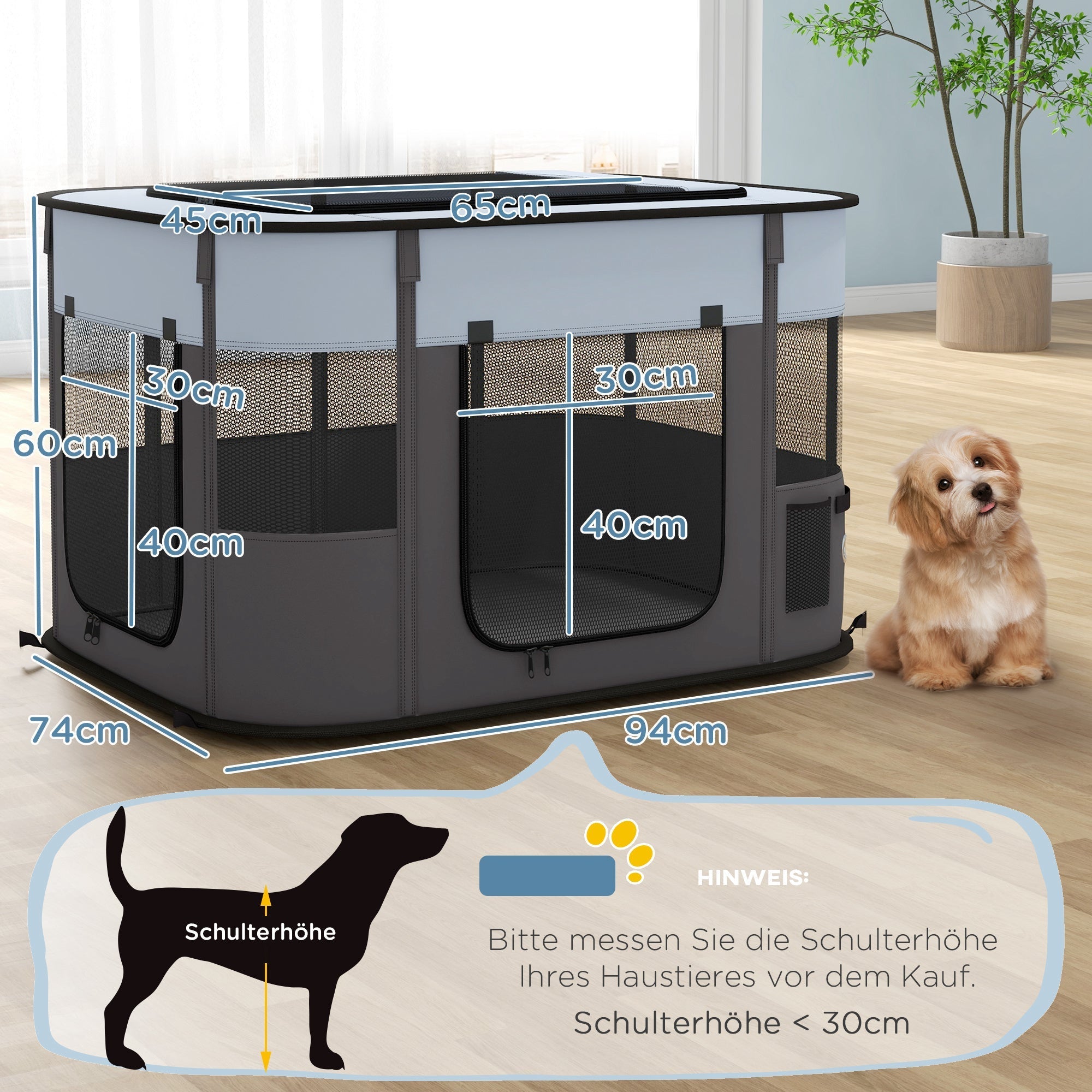 Puppy Playpen, Foldable Breathable Mesh, Grey