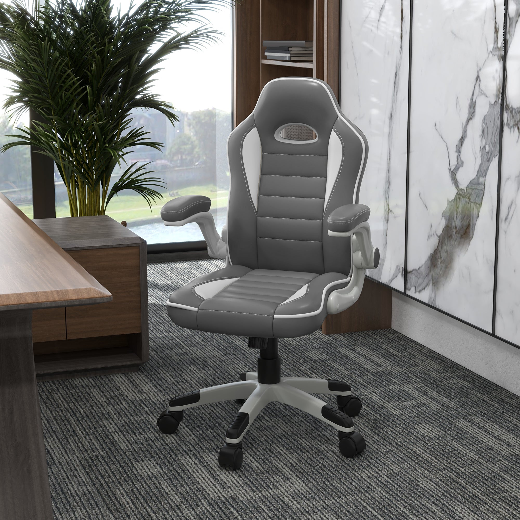 Computer Gaming Chair Adjustable Height Rolling Wheels 90° Flip-up Armrest PU Leather Grey