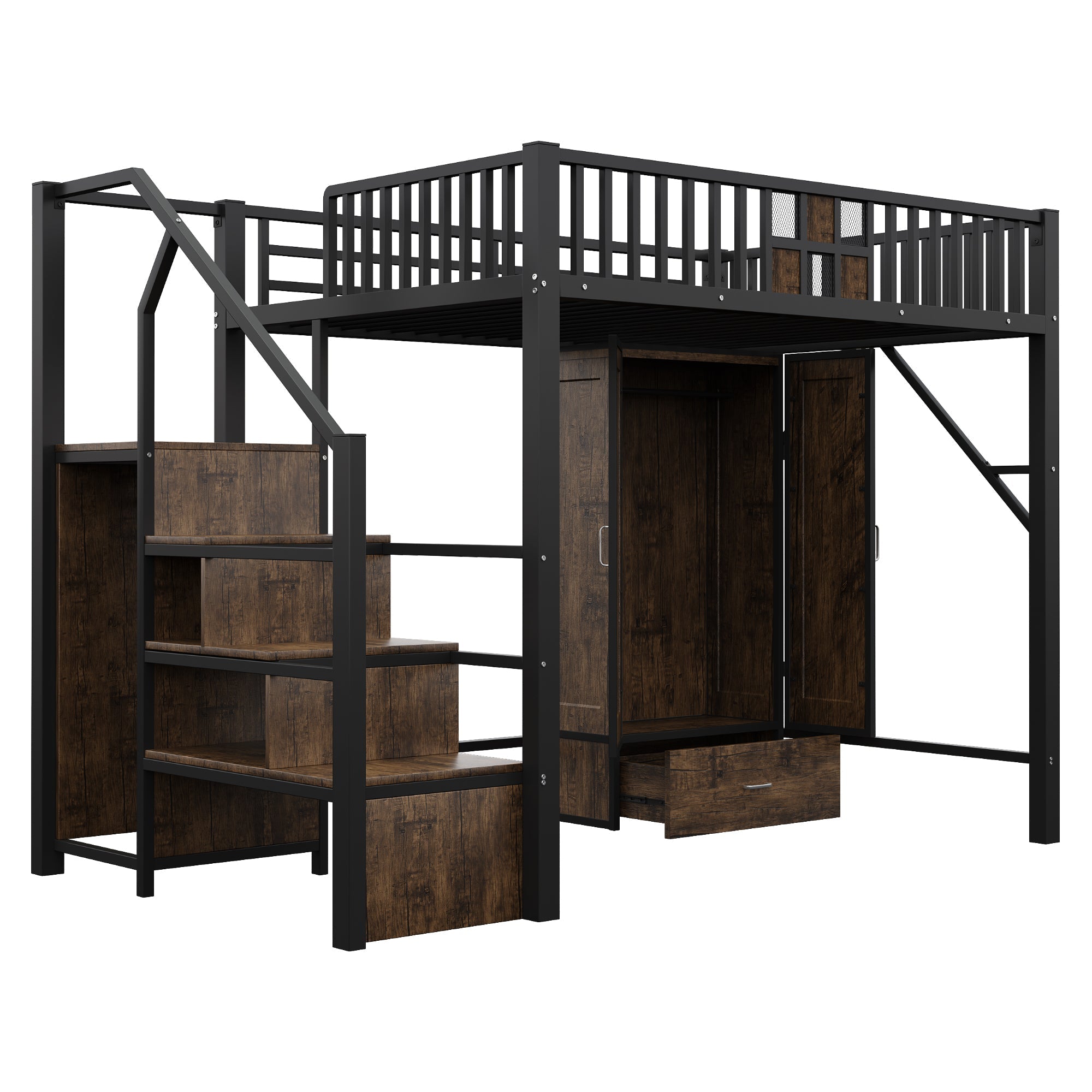 High Loft Bed with Wardrobe, Storage Ladder and Metal Frame, Black Metal and Wood