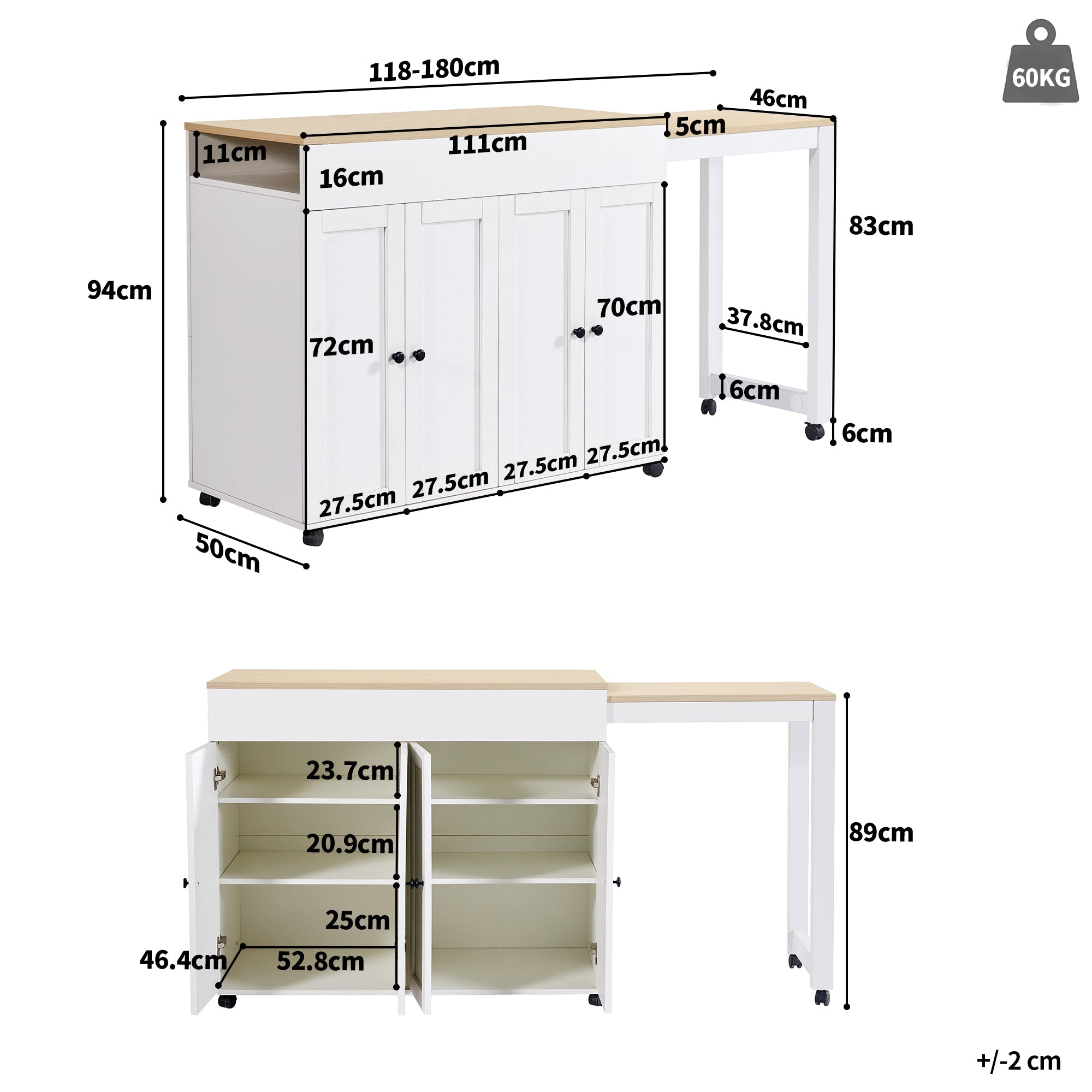Modern Extendable Bar Table, Dining Table with Storage and Six Shelves, White