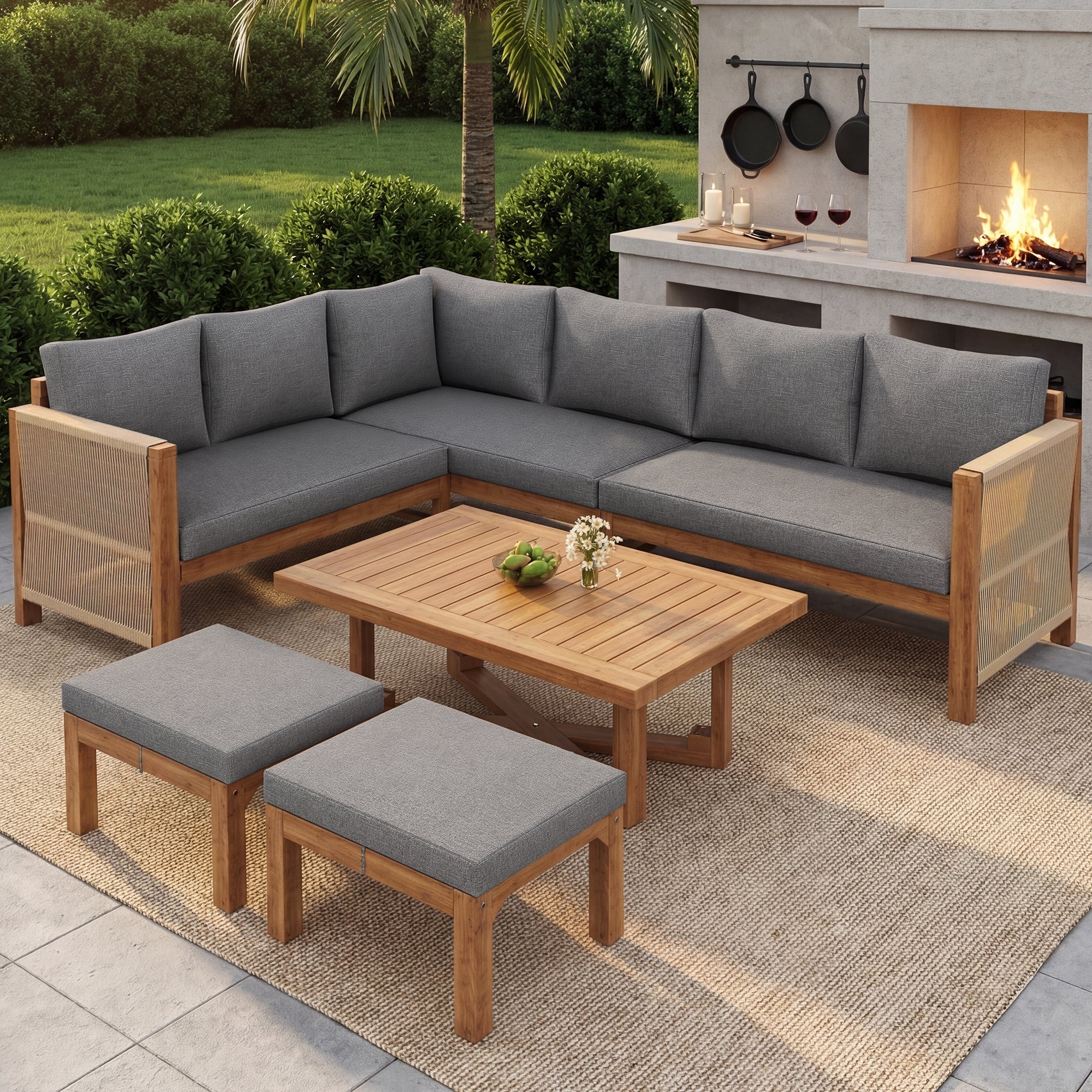 Modular Garden Furniture Set, 6-Seater Corner Sofa with 2 Stools and Table, Acacia Wood