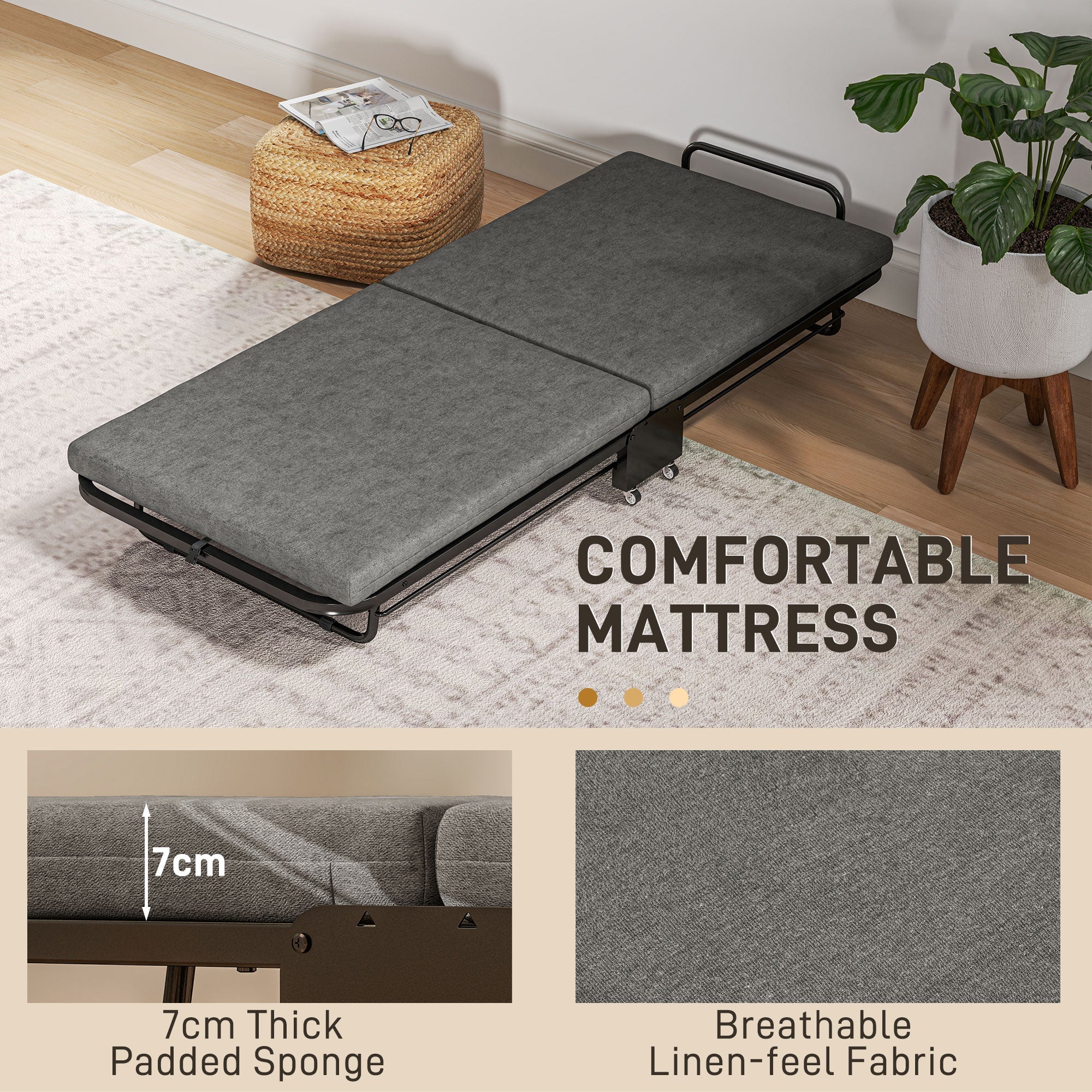 Single Folding Bed with 5-Position Adjustable Back and Wheels, Grey