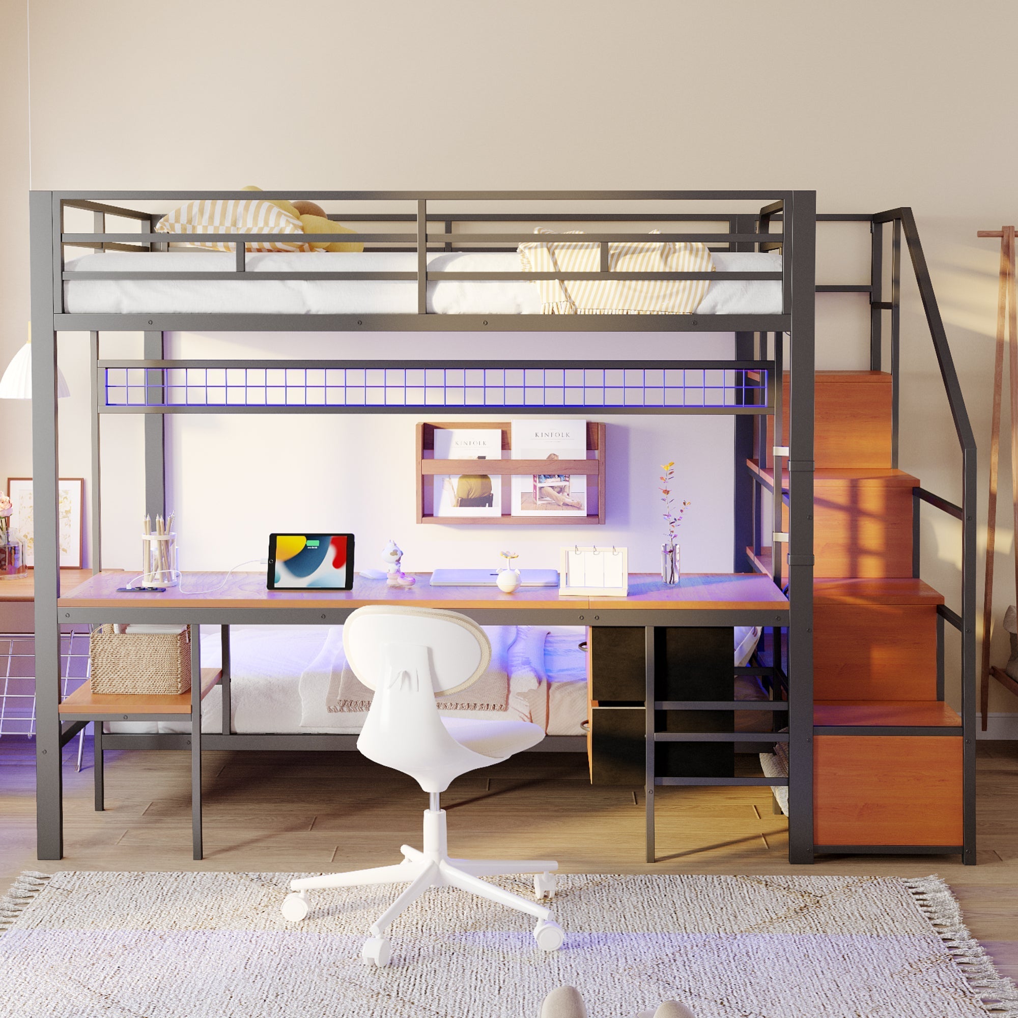 Metal Loft Bunk Bed Multifunctional with Desk LED Light Power Outlets Storage 140x200/90x200 Black