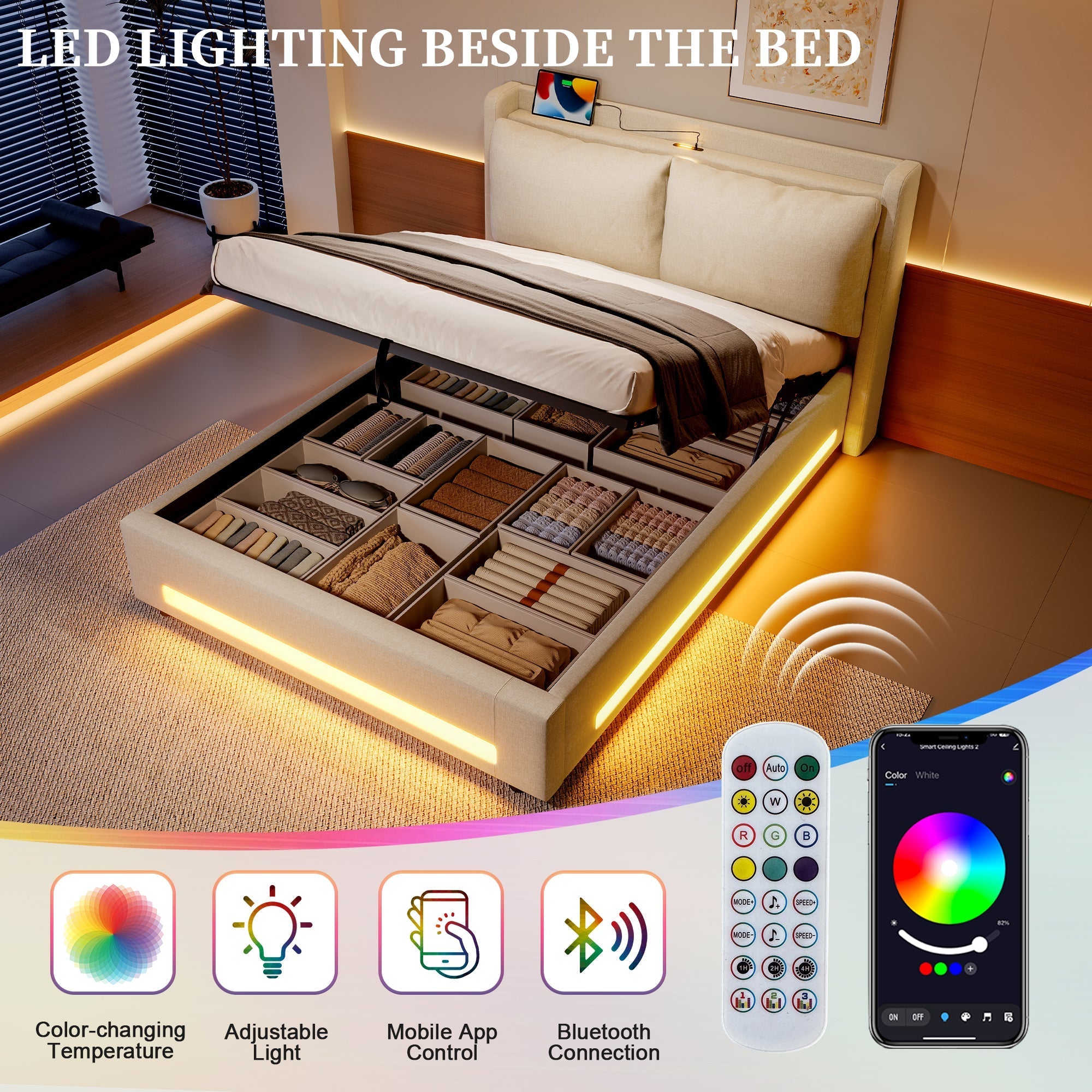 Modern Upholstered Bed with Storage, USB-C, LED Lights, 180x200 cm, Velvet