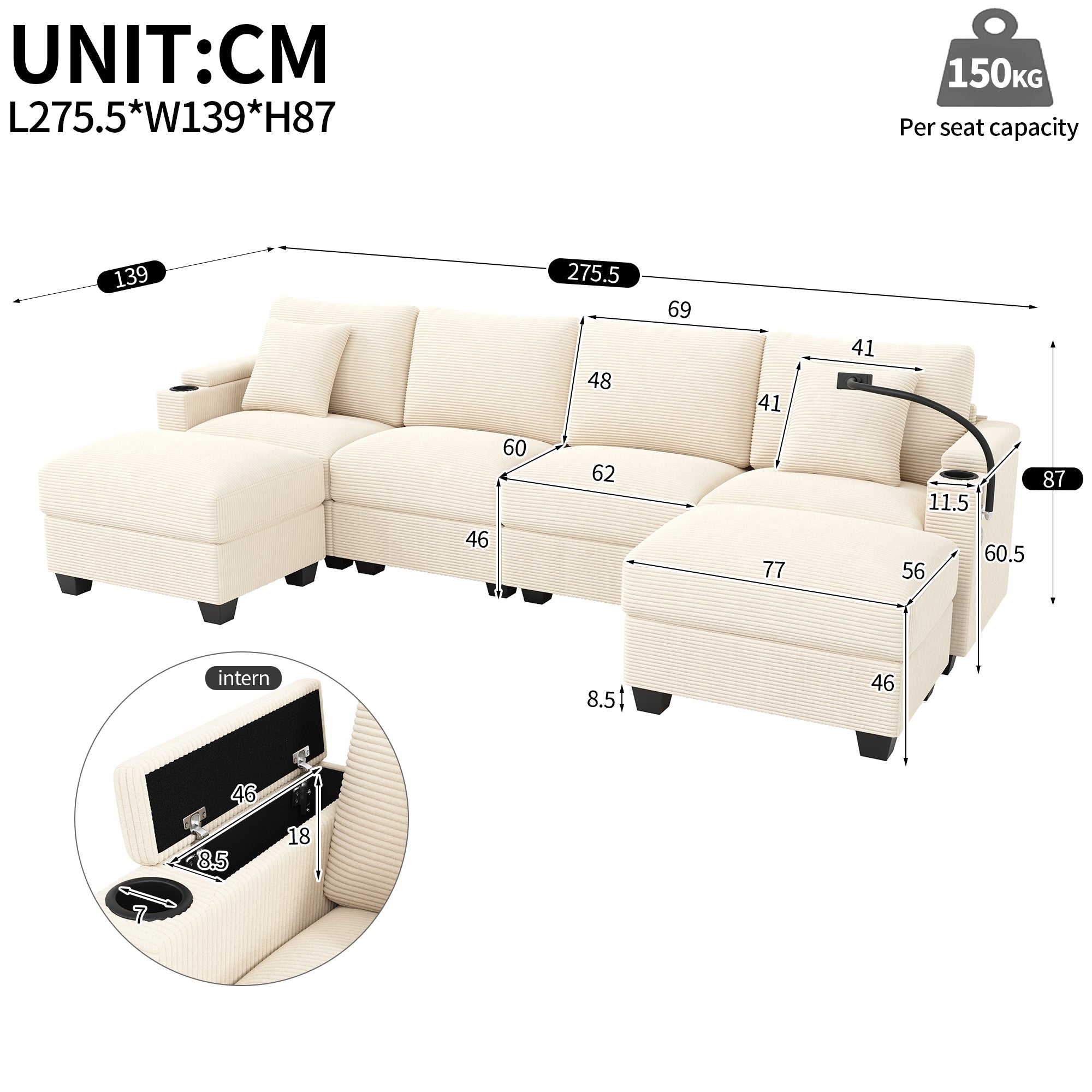 U-Shaped Modular Sofa with Sleeping Function, Phone Holder and USB Port, Beige Corduroy