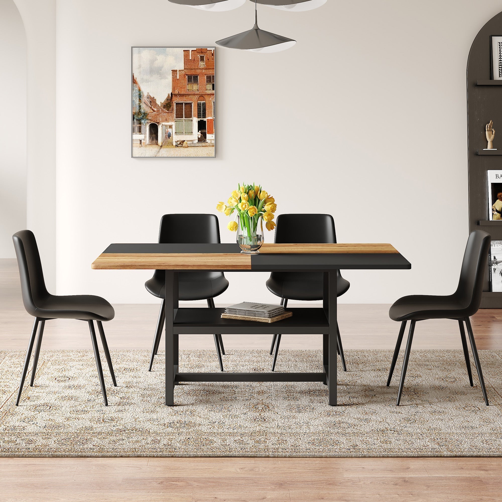 Dining Table Set 160cm Rectangular Storage 4 Chairs - Black PU