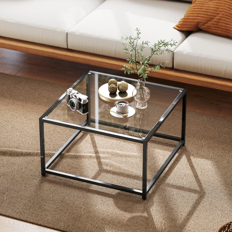 Square Side Table Tempered Glass Top Steel Legs - Black
