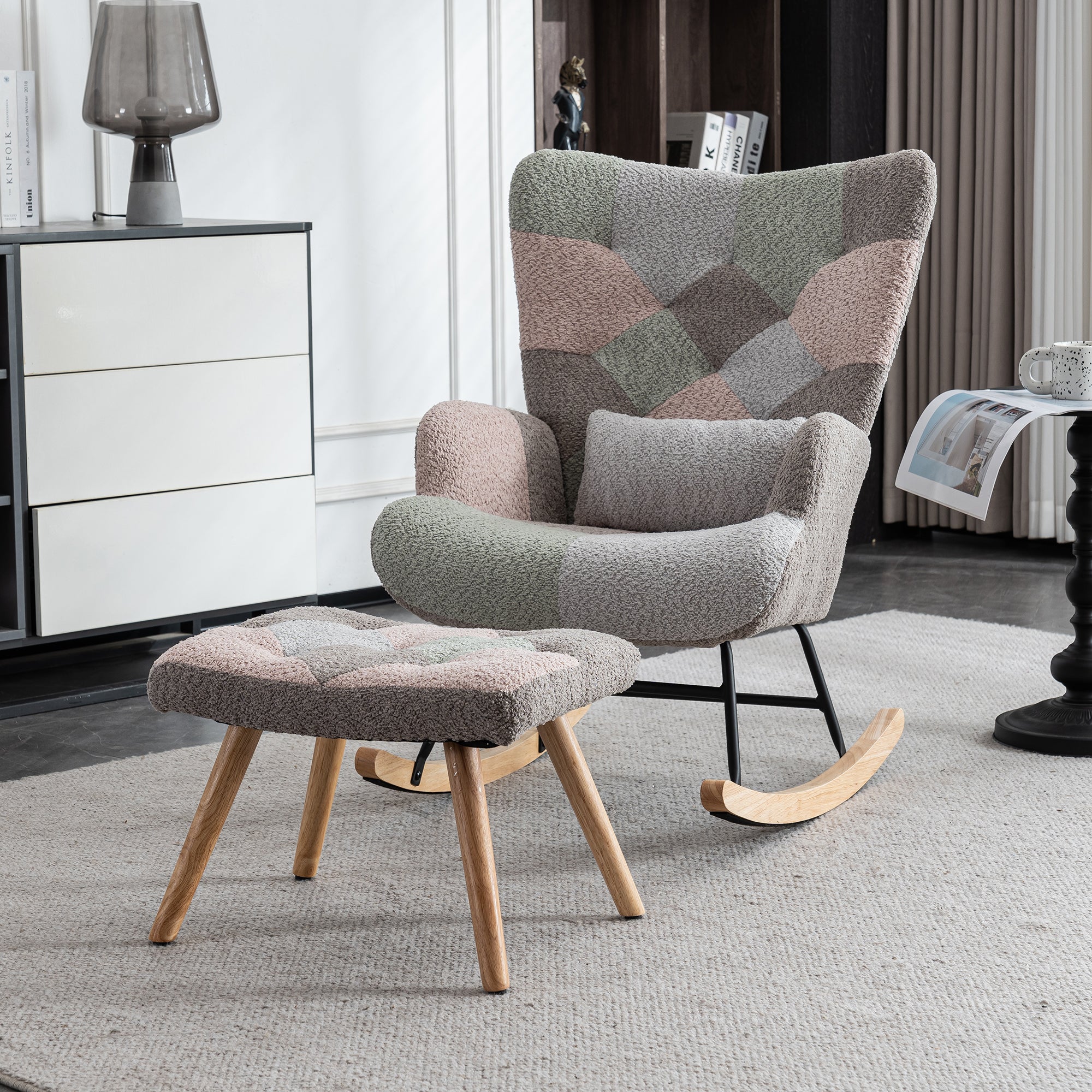 Rocking Chair, Fabric Relaxing Chair Wingback Accent Chair with Solid Wood Legs and Ottoman, Multicolour