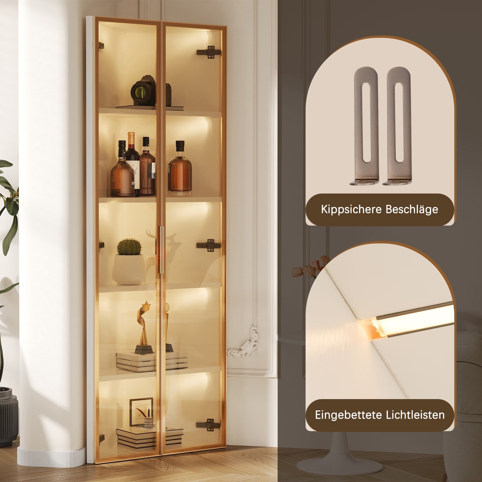 LED Glass Display Case with Integrated Light Strip and Tempered Glass, White
