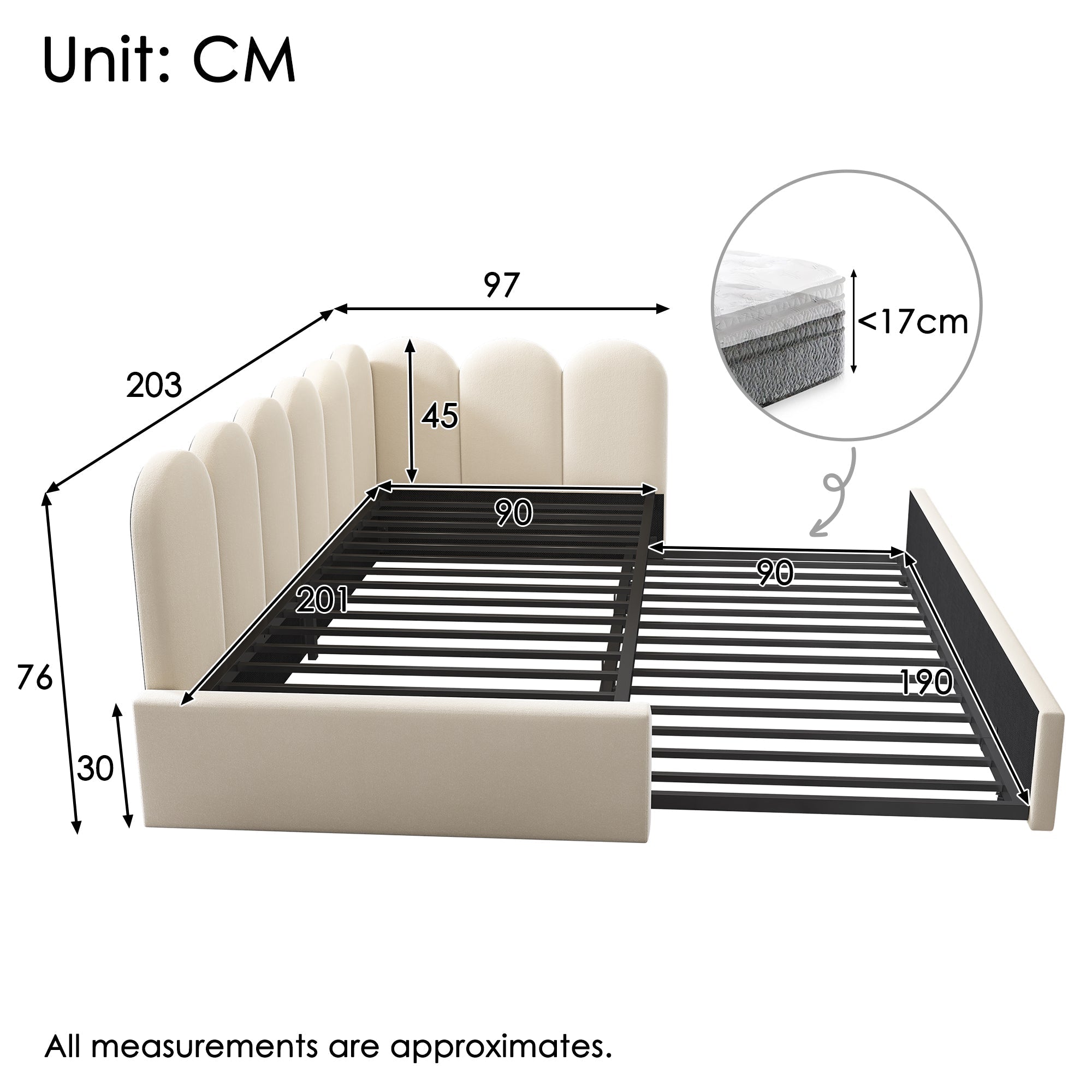 Upholstered Daybed Sofa Bed 90x200cm Pull-out Slatted Base Velvet Beige