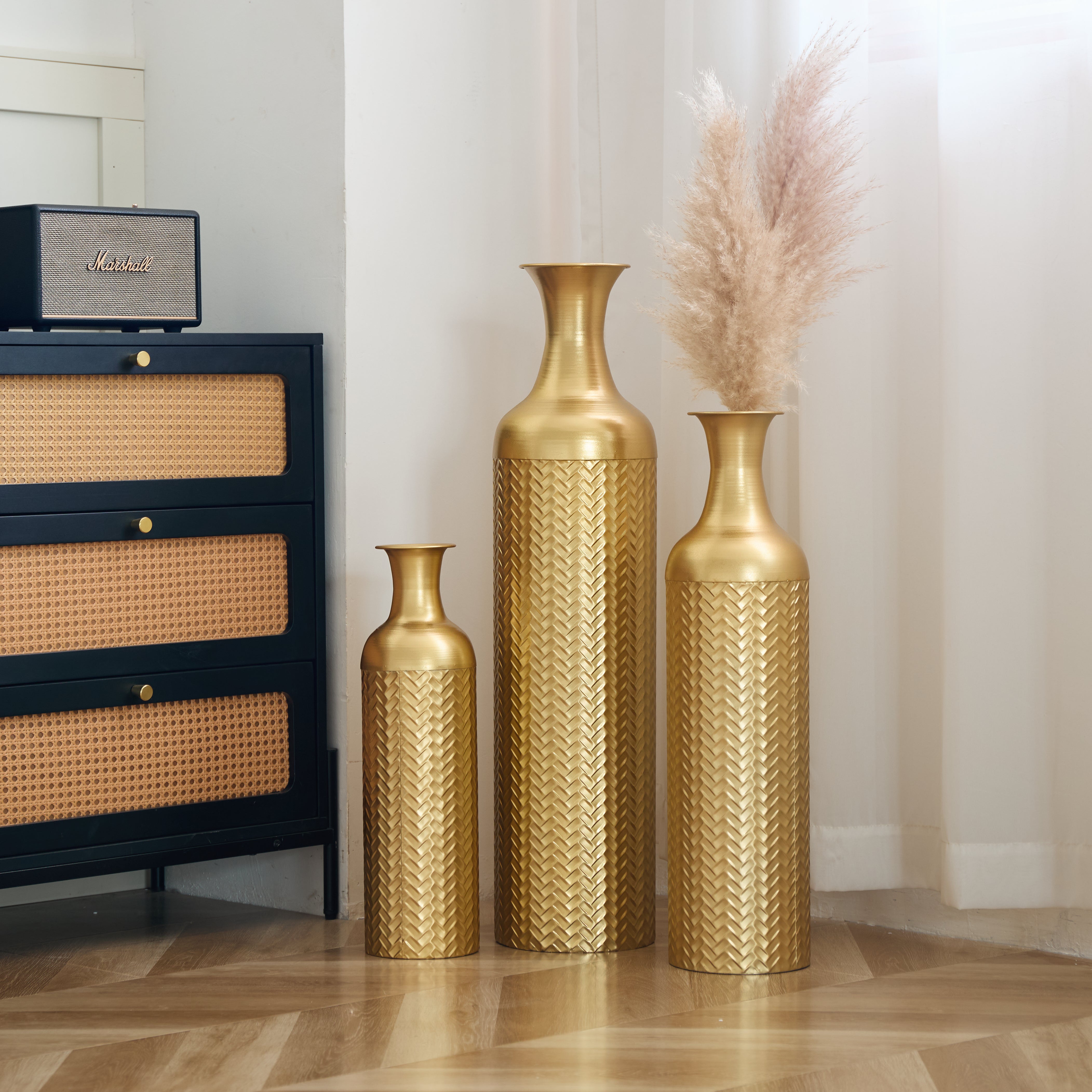 Golden Floor Vase Set, 3 Retro Decorative Vases 83/65/50cm High, Metal