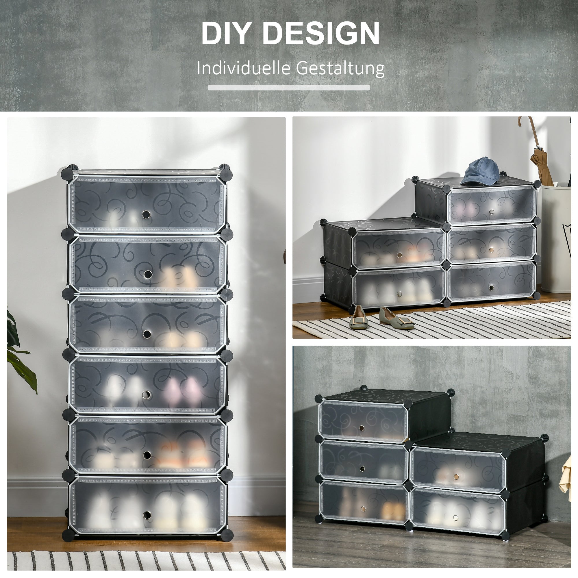 Schuhregal Aufbewahrungsbox, DIY-Regaleinheit für 6 Paar, Kunststoff/Stahl, Schwarz+Weiß