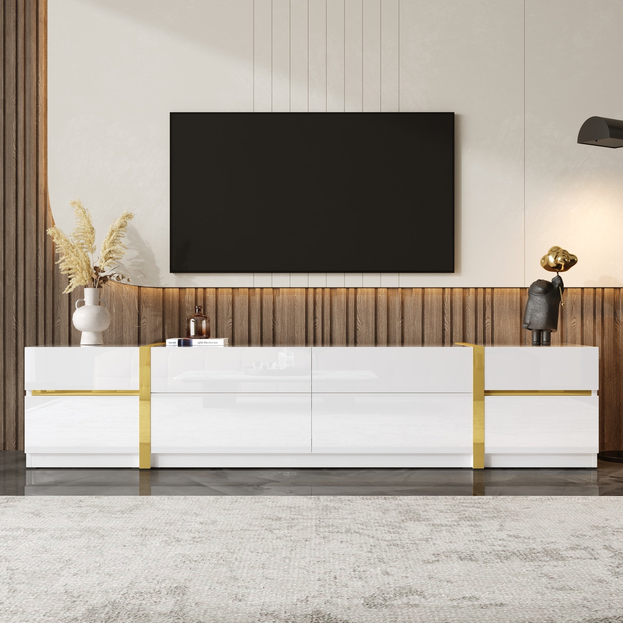Luxurious TV Stand with Drawers and Doors, Modern Style, White High-Gloss and Gold