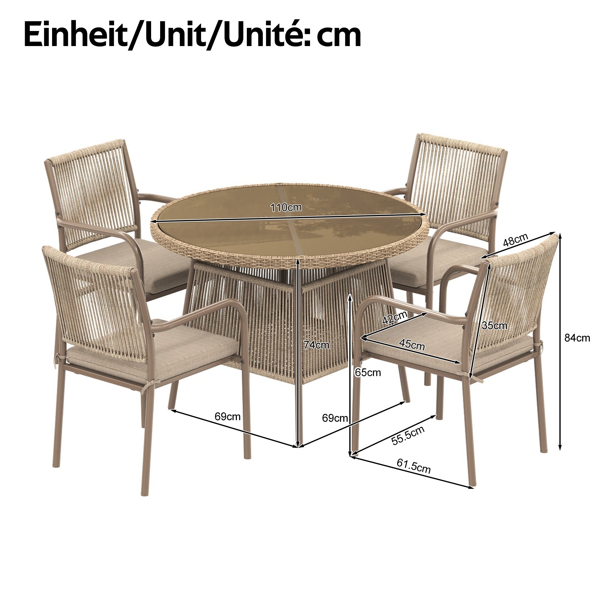 Rattan Garden Set Round Glass Table 4 Armchairs - Iron Frame