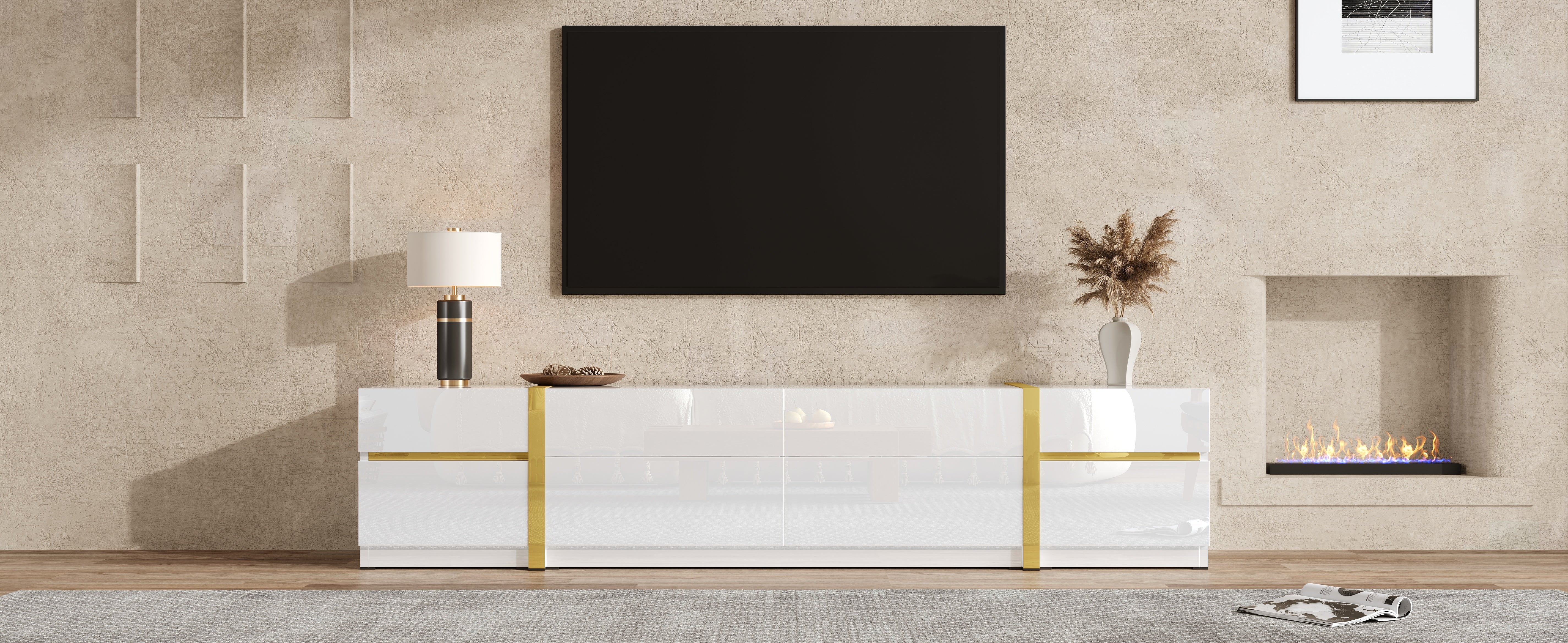 Luxurious TV Stand with Drawers and Doors, Modern Style, White High-Gloss and Gold