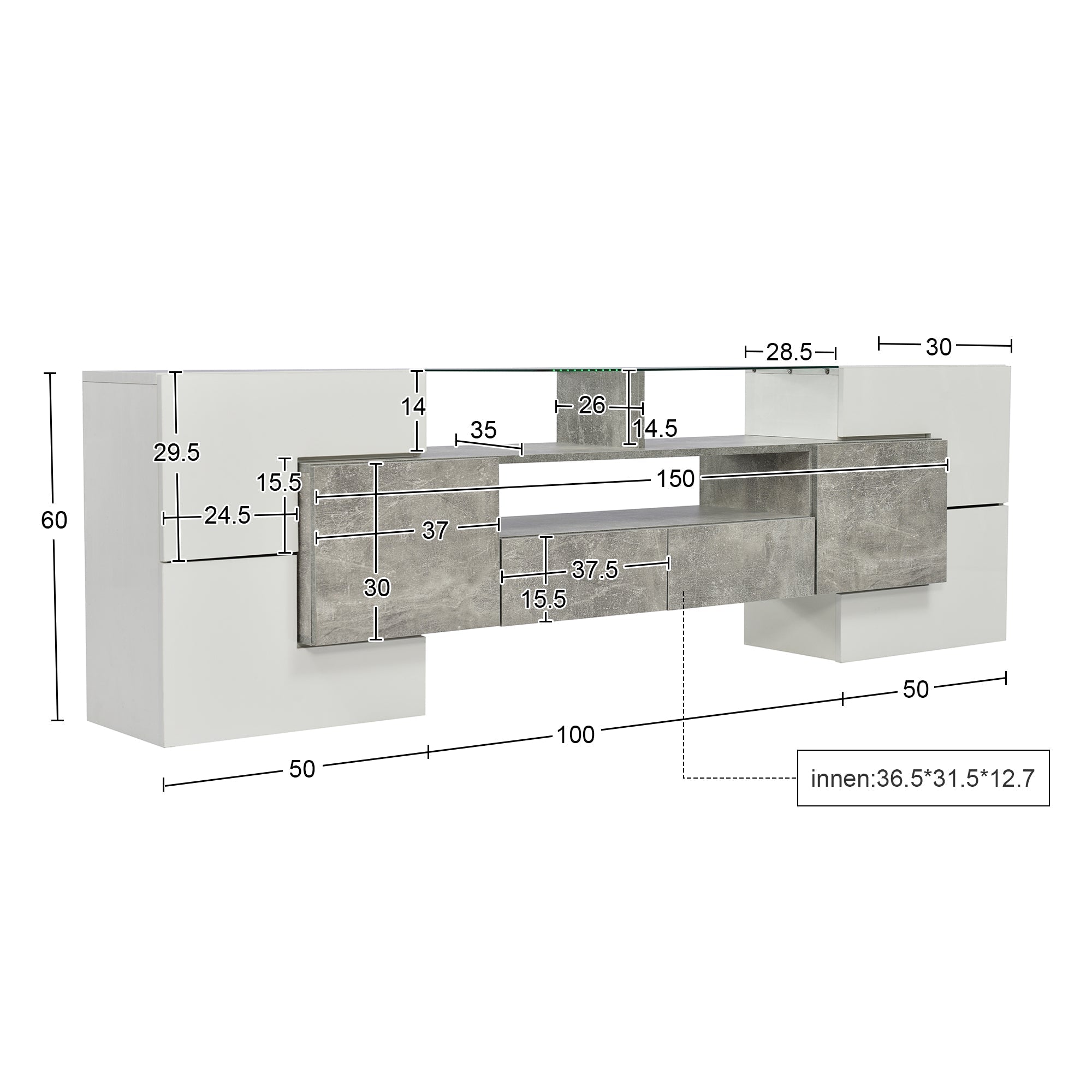 TV Cabinet Lowboard 200cm LED High-Gloss Glass - White/Grey