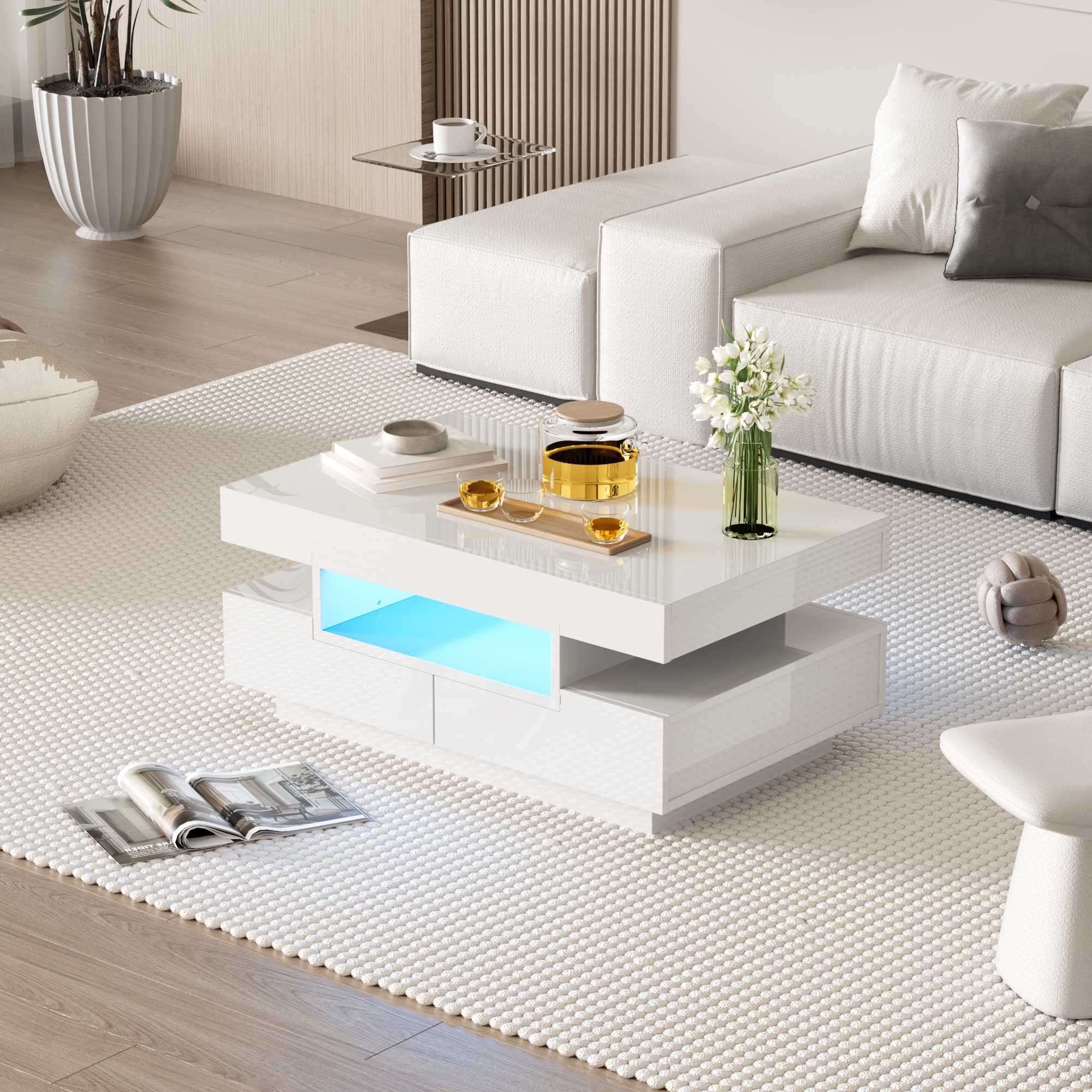 Coffee Table, High-Gloss, LED Light, Four Drawers, Large Storage
