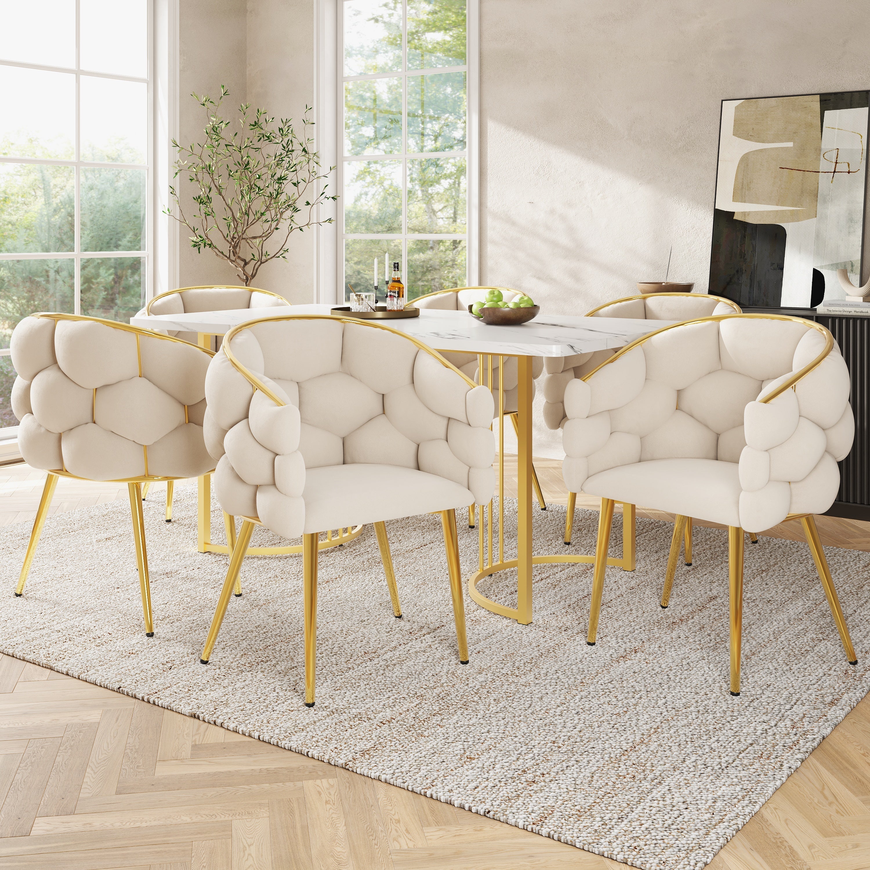 Dining Set 140x80cm Table 6 Chairs Marble Pattern - Gold Legs