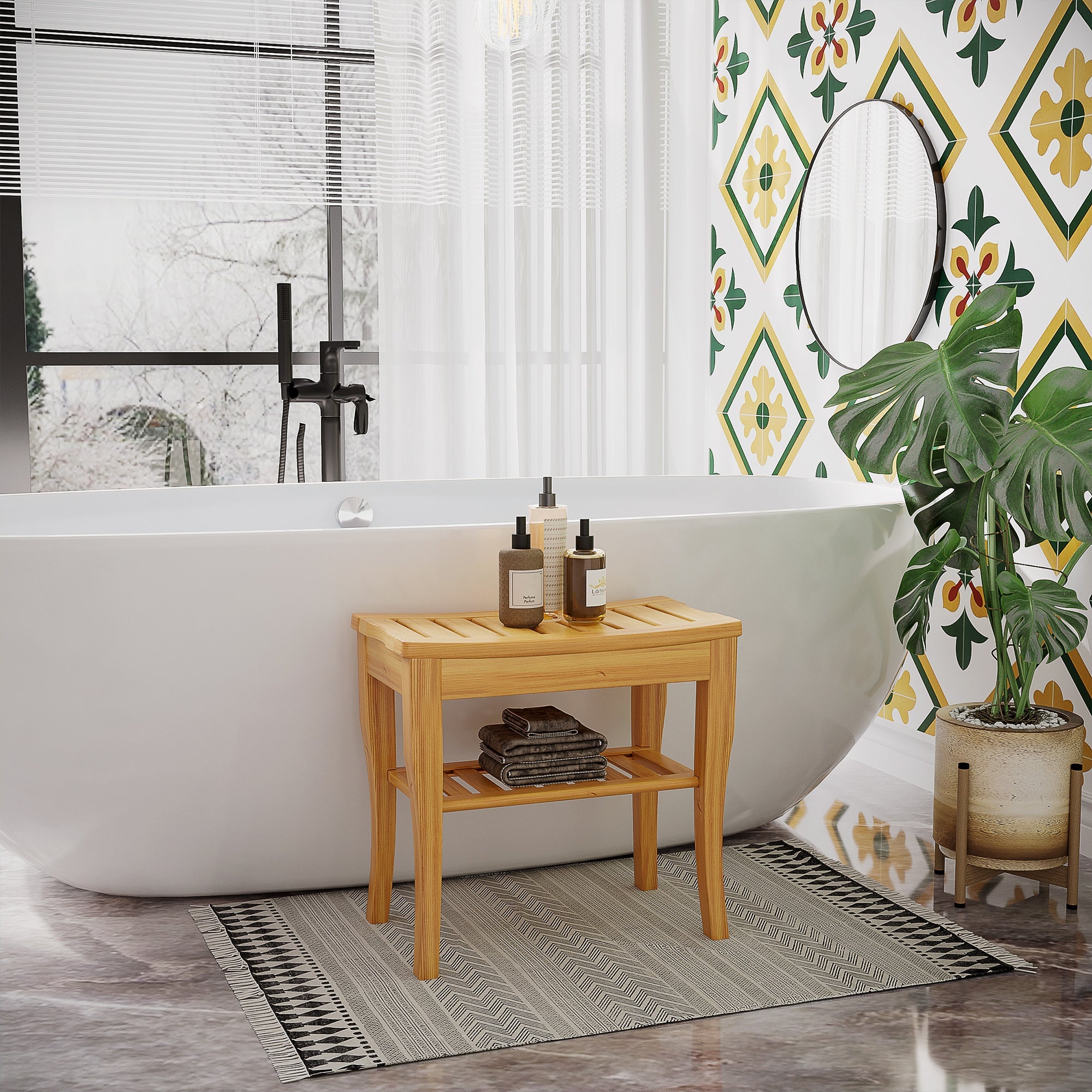 Shower Bench 45cm 2-Tier Slatted Storage Stool, Natural Wood