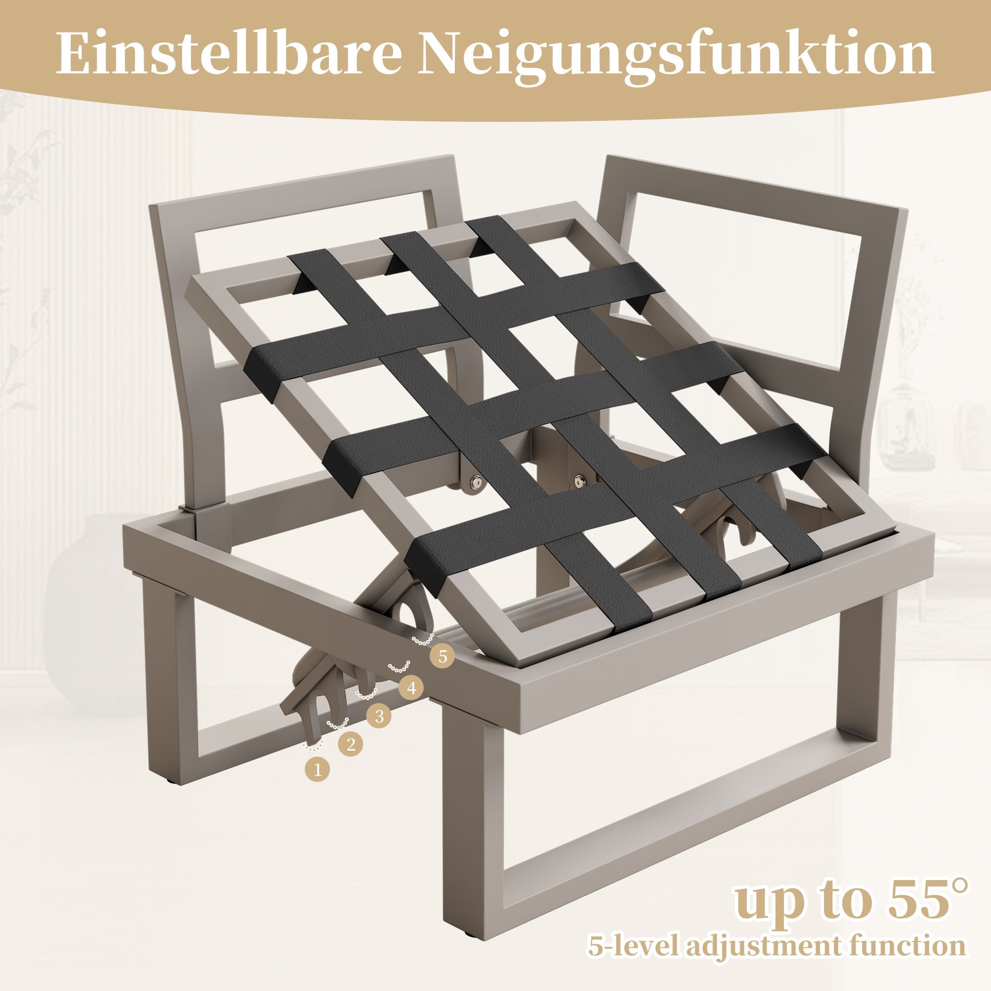 Garden Furniture Set with Adjustable Tilt and Two Coffee Tables, Beige and Khaki