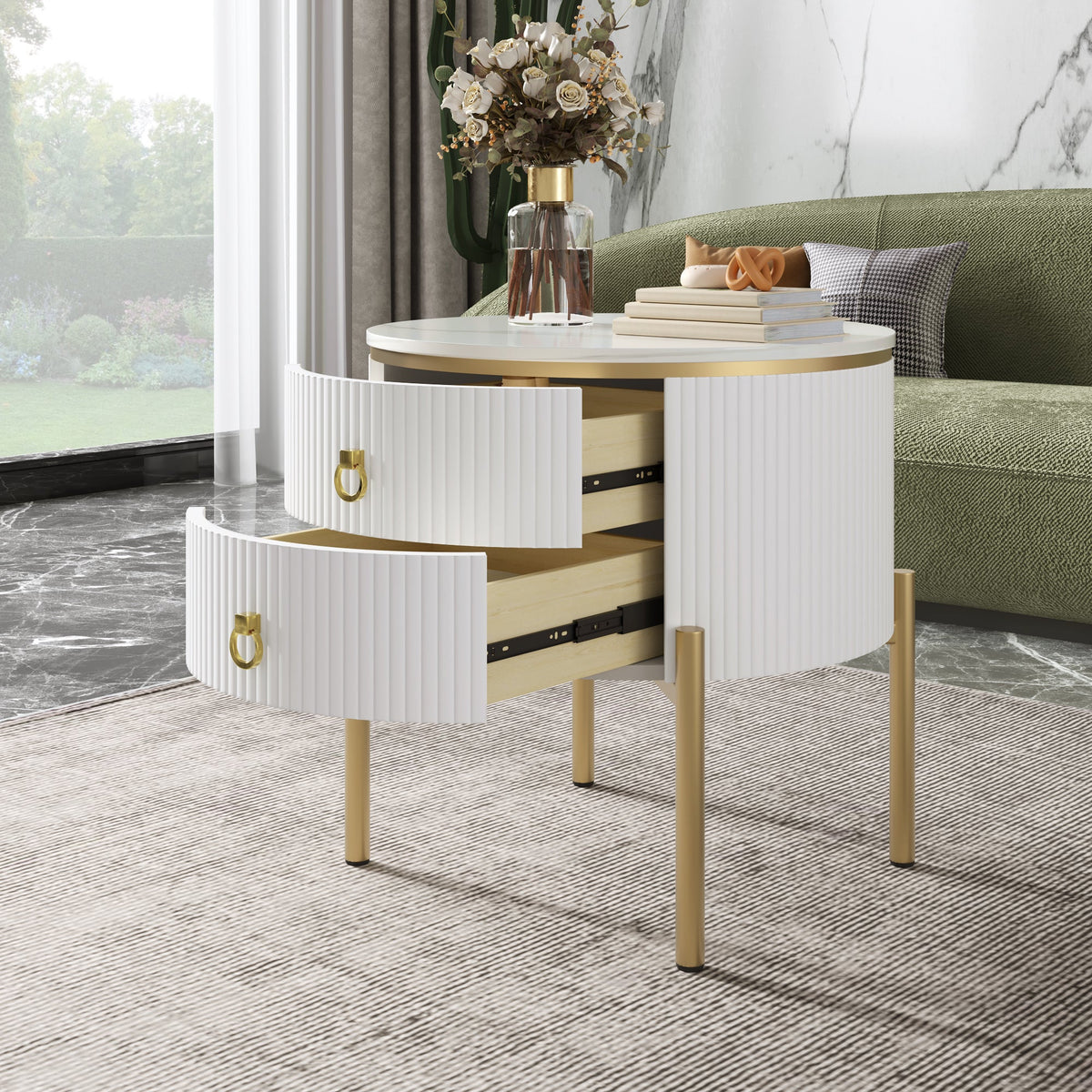 Side Table Coffee Table with Drawers, Adjustable, Gold Legs and Handles, Marble Texture