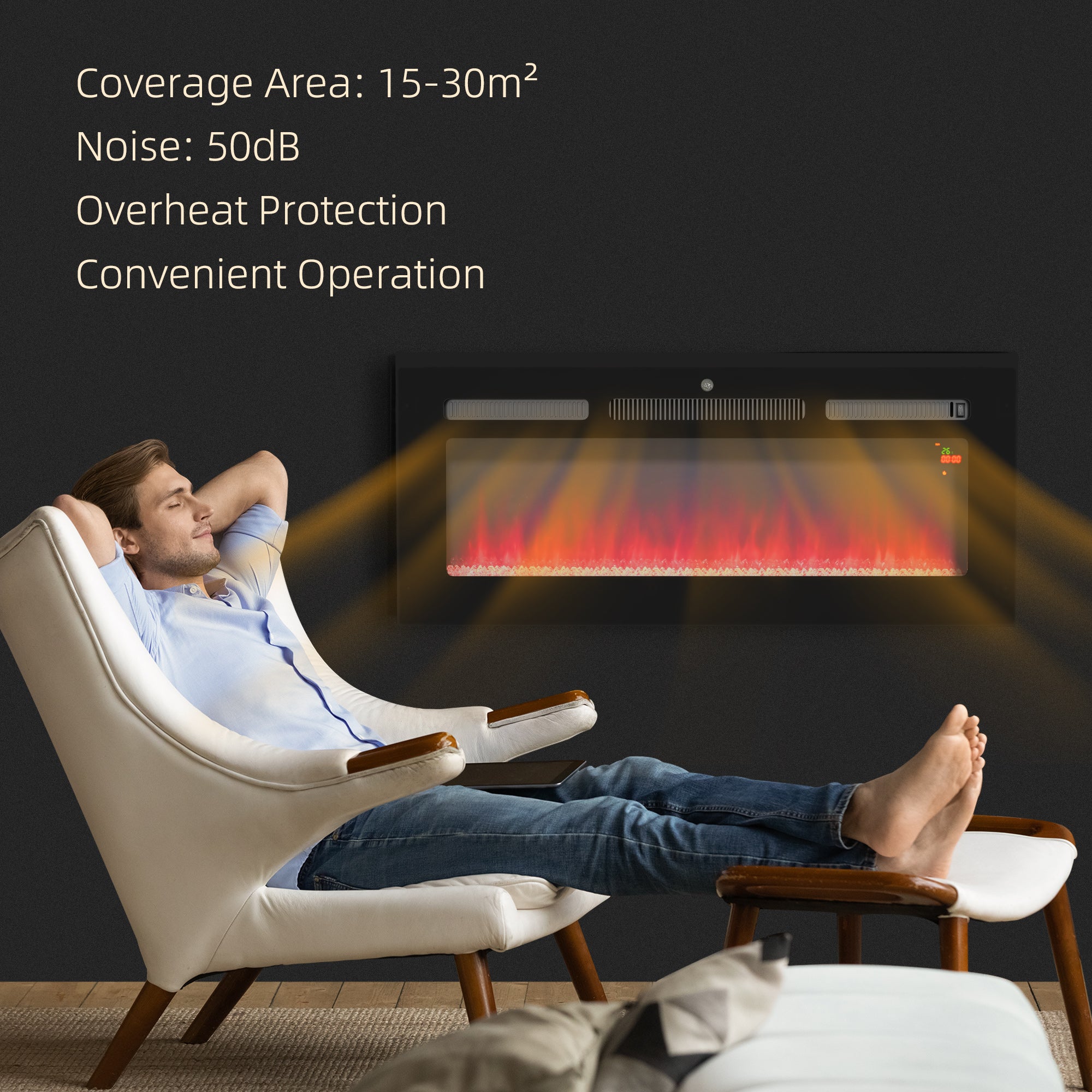 102cm Electric Fireplace 2000W Recessed Wall Mounted with Remote 9 Flame Color Crystal, Black