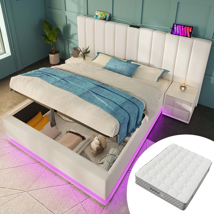 Upholstered Bed 180x200, Double Storage with App Control LED & USB-C, White PU