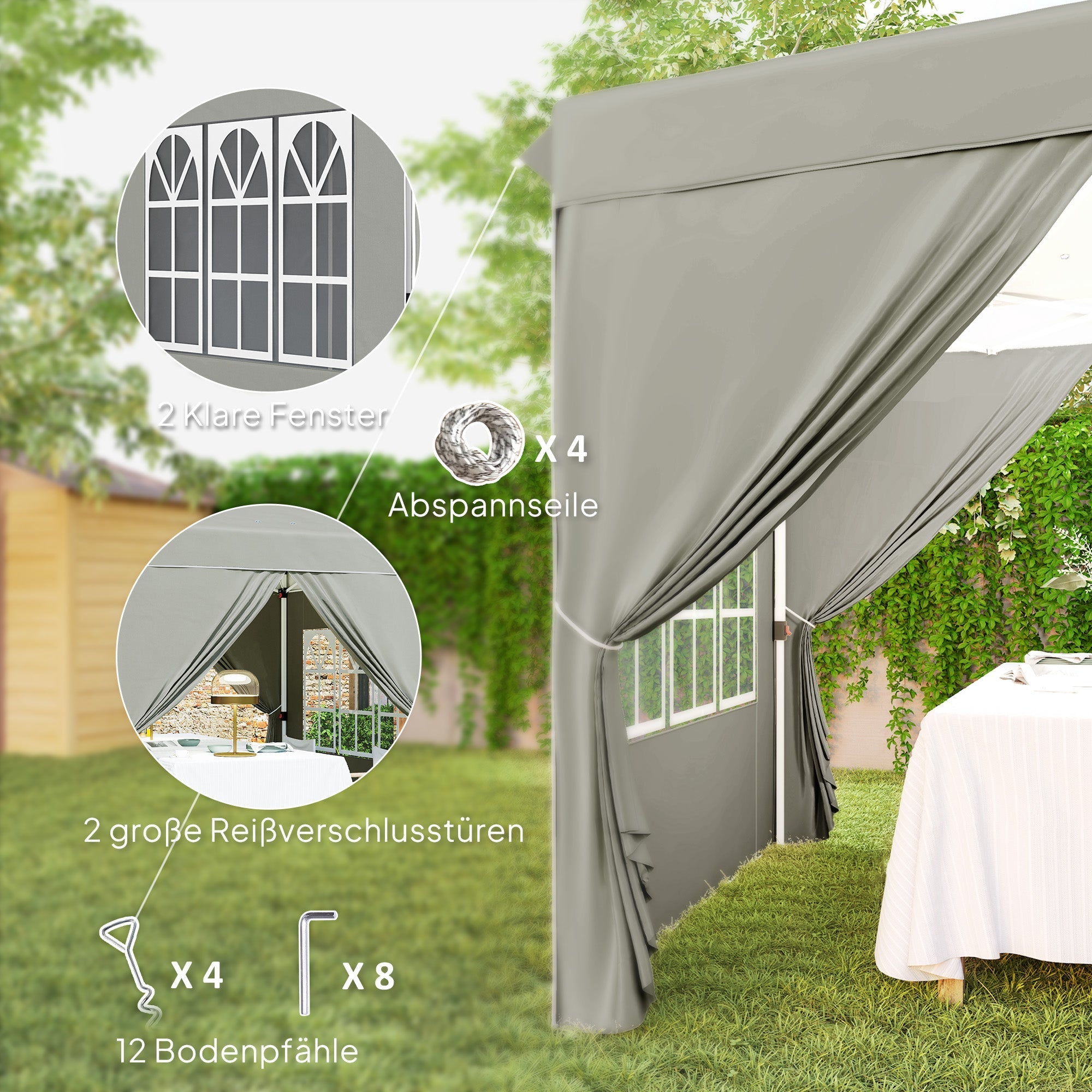 Pavilion 2.5x2.5m Pop-up Folding, Water-Repellent, UV 50+, 4 Side Panels, Light Grey