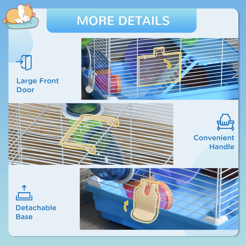 Hamster Cage, 2 Tier Gerbil Cage with Handle, Exercise Wheels, Tunnel, Tube, Water Bottle, Dishes, Ladder, Blue