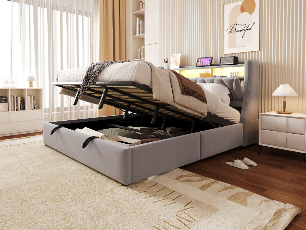 Upholstered Bed 180x200cm Hydraulic Storage Headboard with Power Outlet LED Light Grey Velvet