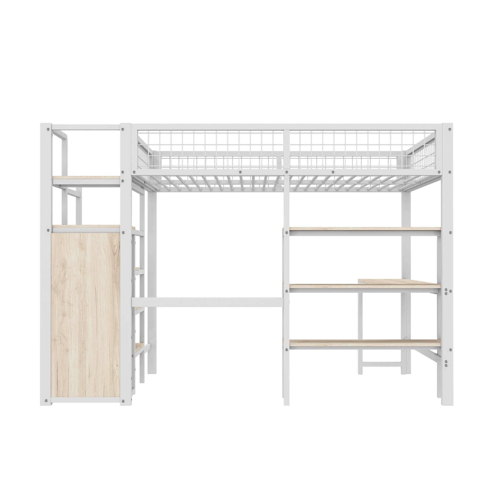 Loft Bed 140x200cm Iron Frame with Storage Ladder Shelves Wardrobe Desk White