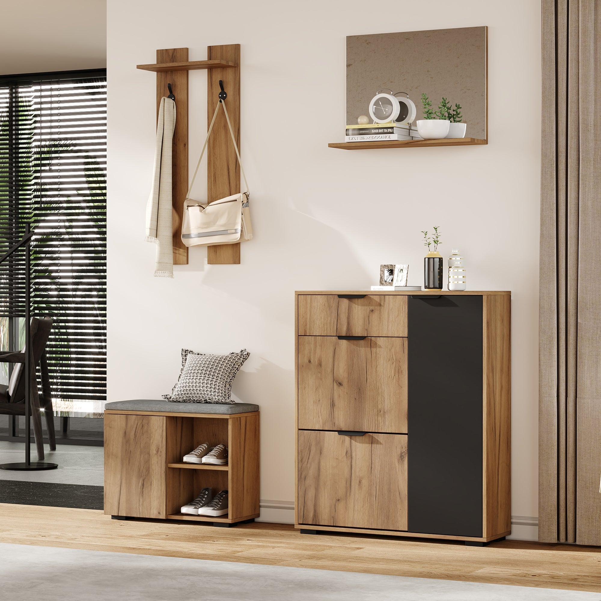 Hallway Wardrobe Set Wall-Mounted with Shoe Bench Shoe Cabinet Mirror Natural and Black