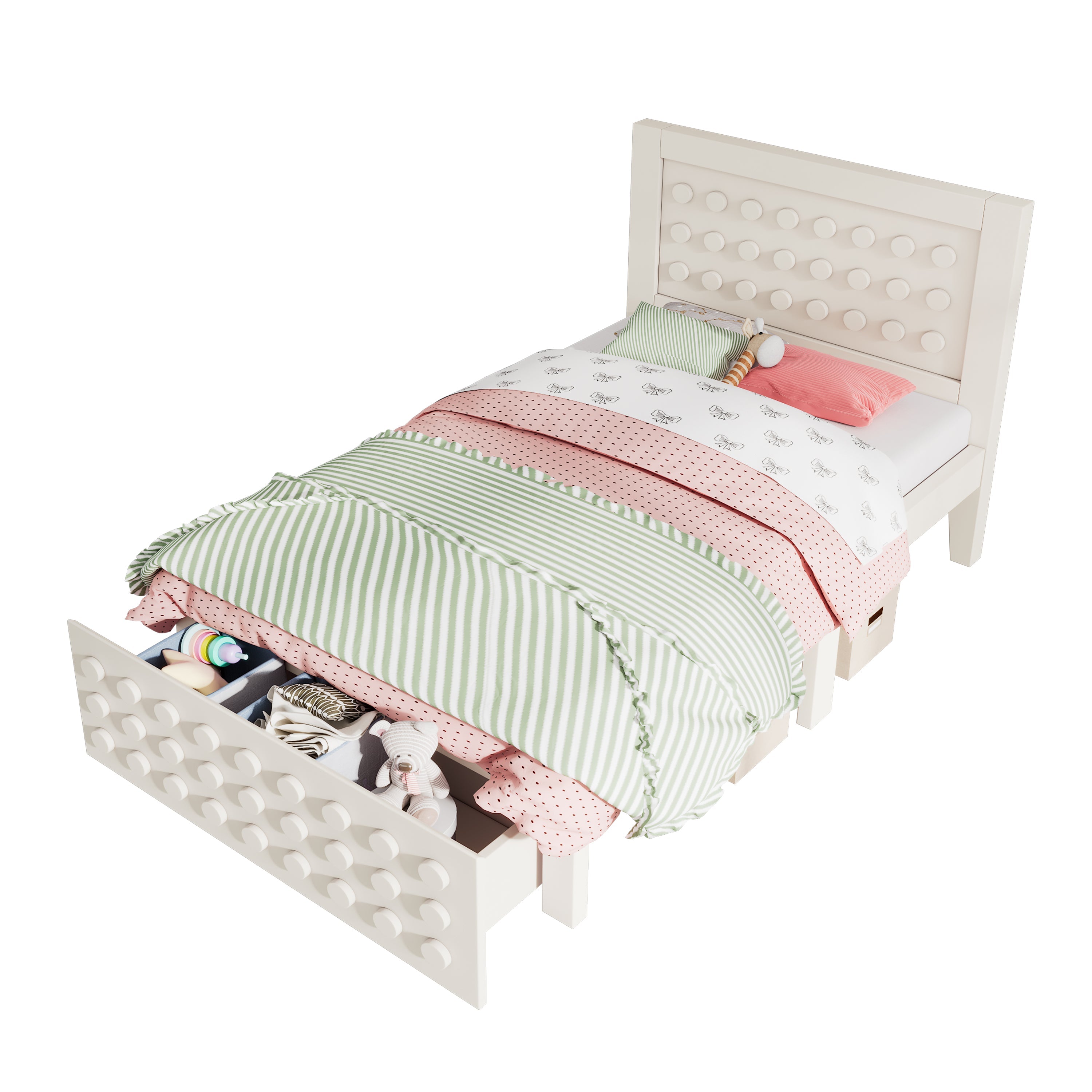 Wooden single bed 90x190cm children's bed with creative block design, solid wood frame with slatted frame, with drawers and underbed storage, white
