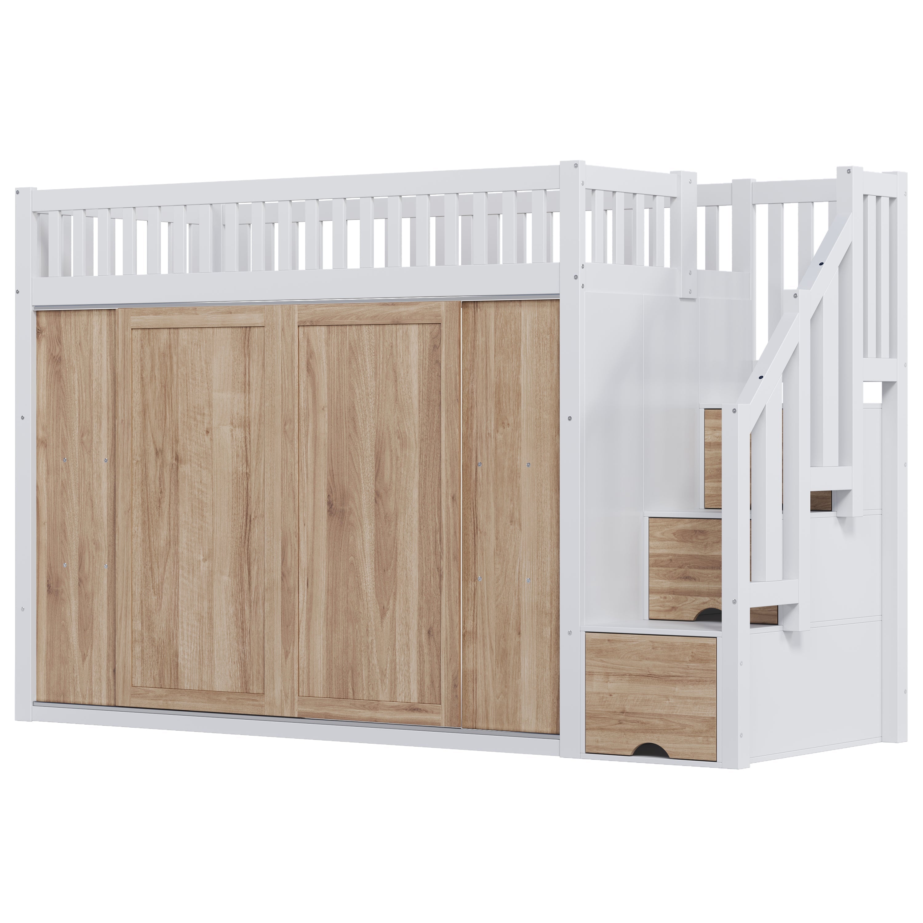 Children's Bunk Bed (90x200 cm) Multifunctional with Wardrobe Staircase LED Strip - White and Oak