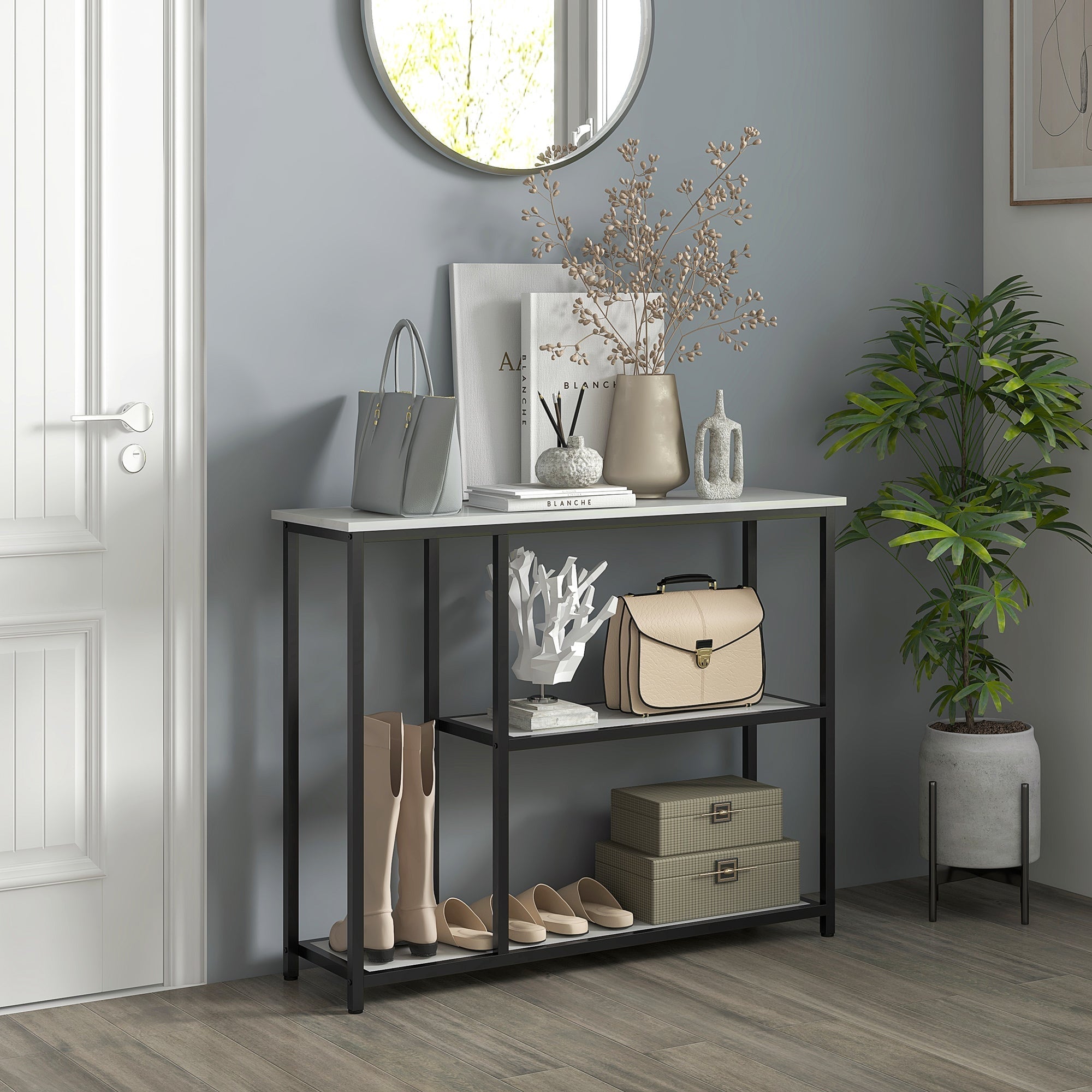 Console Table with 2 Levels, Side Table, Sofa Table, Anti-tip Protection, Steel White