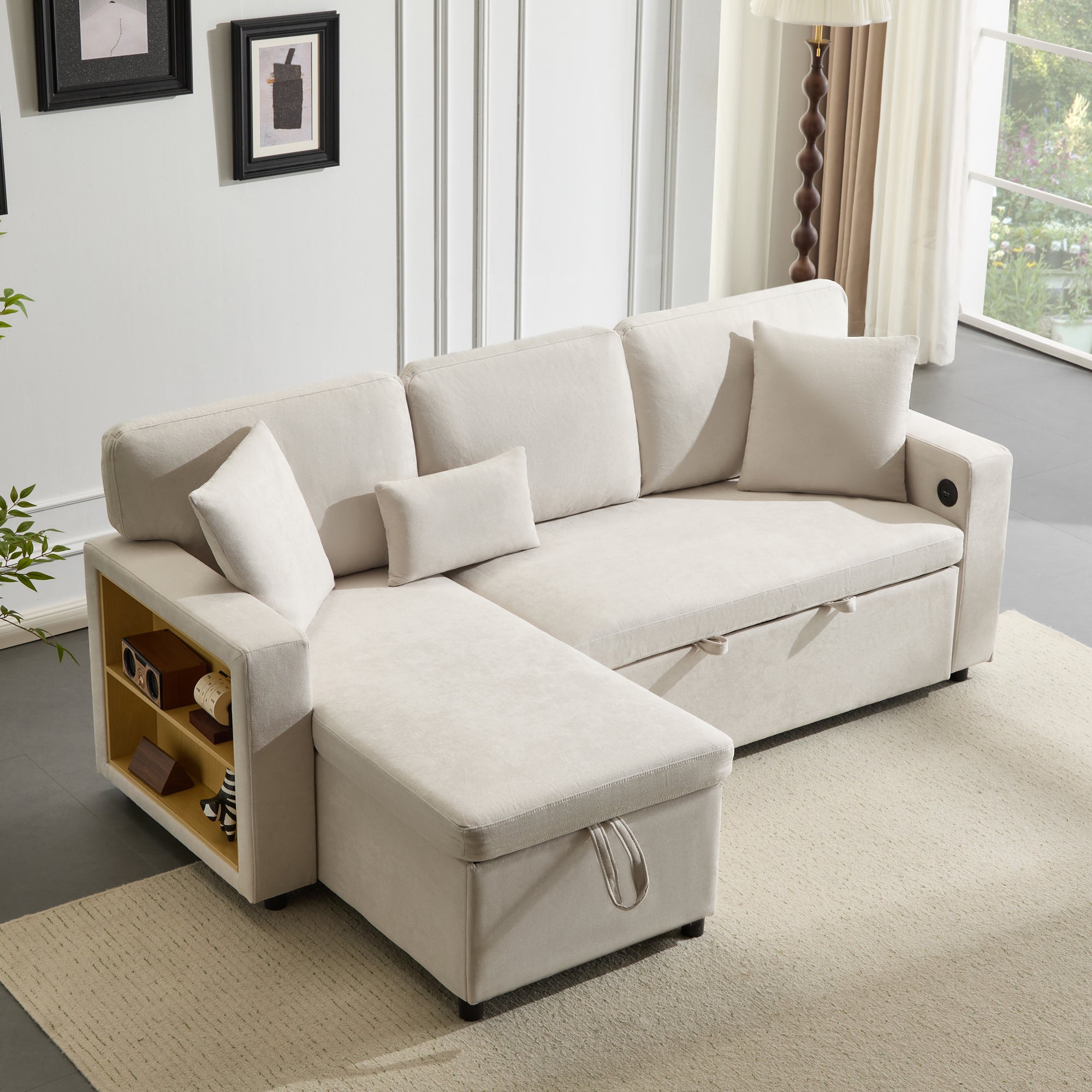 Corner Sofa Bed L-Shape Extendable Storage & Shelf - Beige