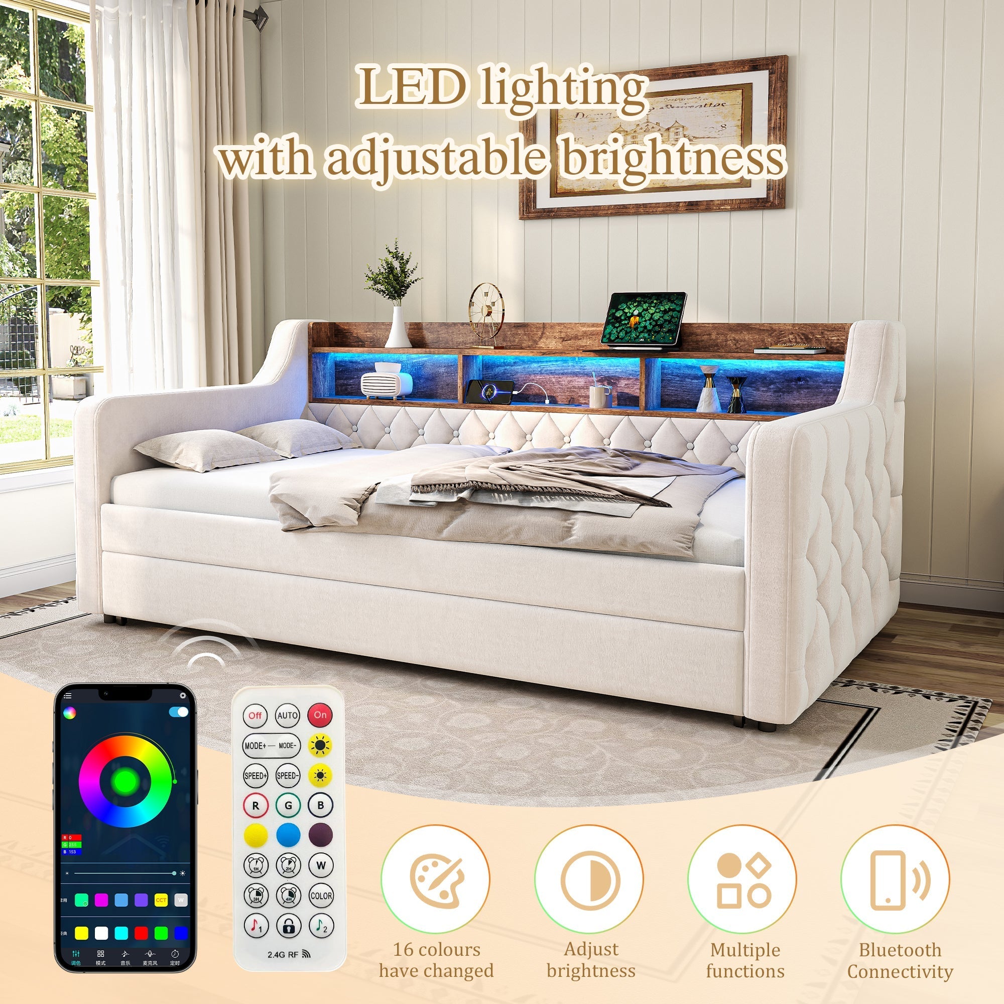 Space-saving Sofa Bed 90x190 cm with Storage, LED & USB-C Port, Velvet Beige