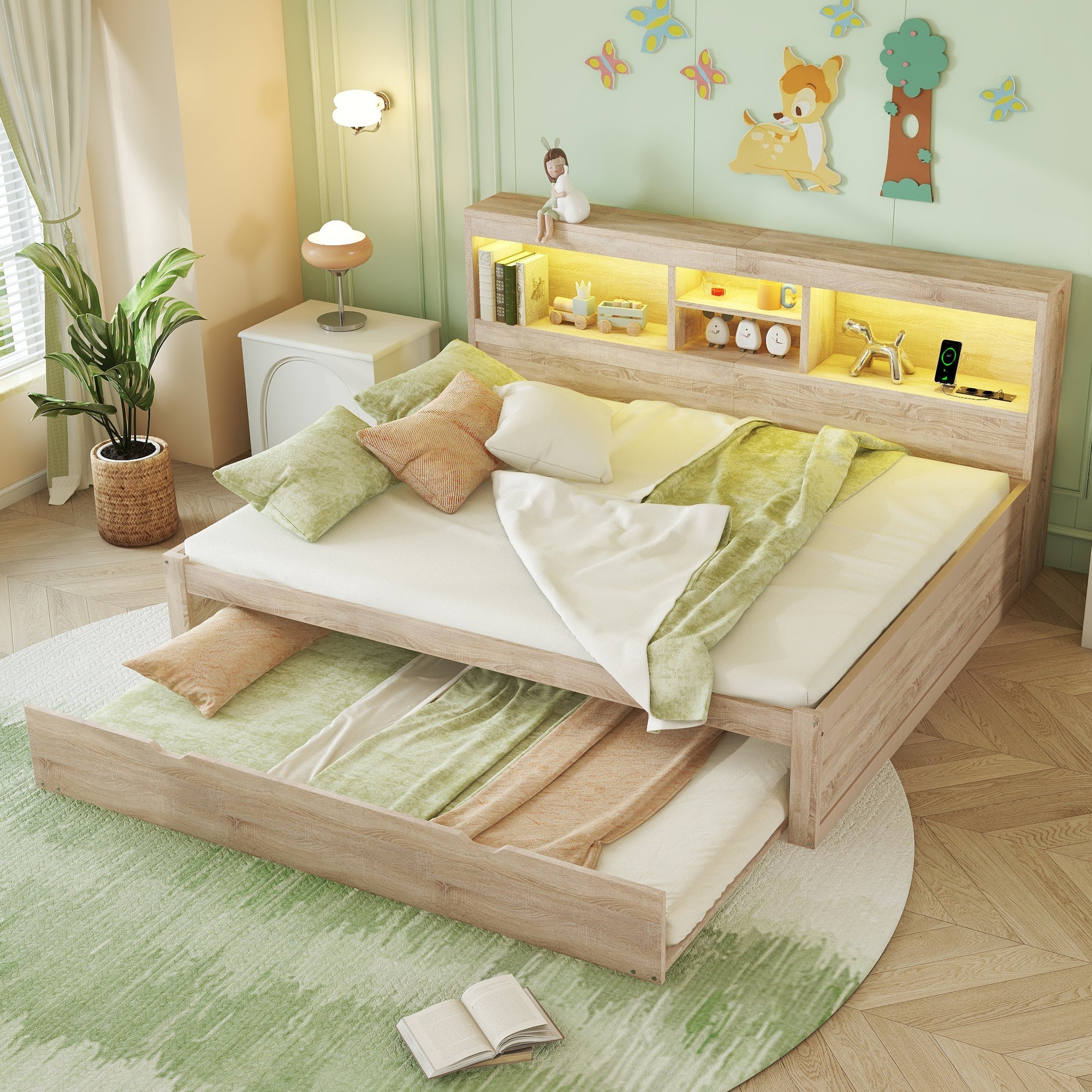 Daybed Sofa Bed 140x200cm Pull-out Bed LED Storage USB/Outlet - Natural