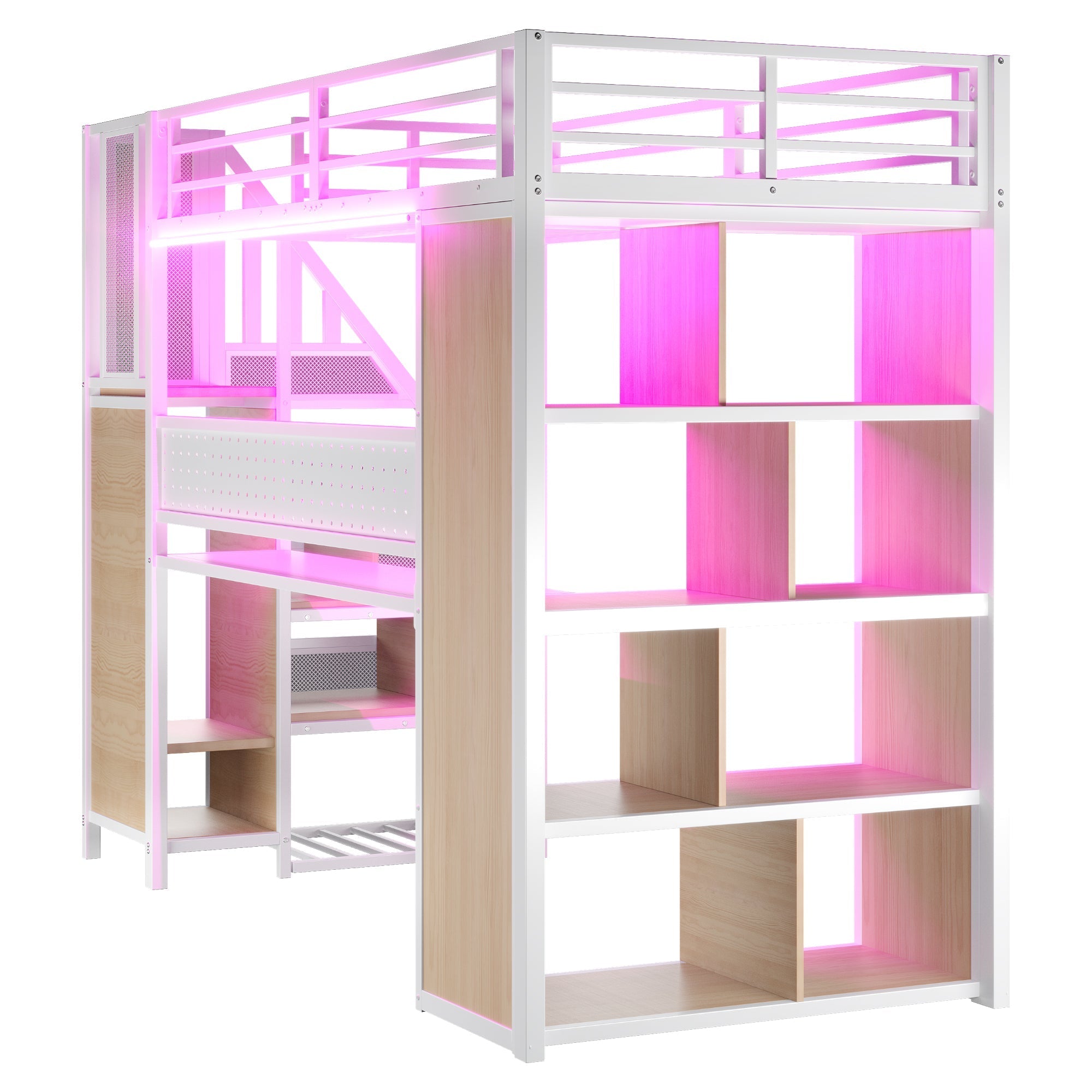 Metal Loft Bed with Desk, Wardrobe and LED Lighting, 90 x 200 cm, White