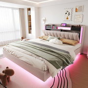Upholstered Bed, 160*200 LED, USB, Storage, Floating, Linen Fabric, Beige