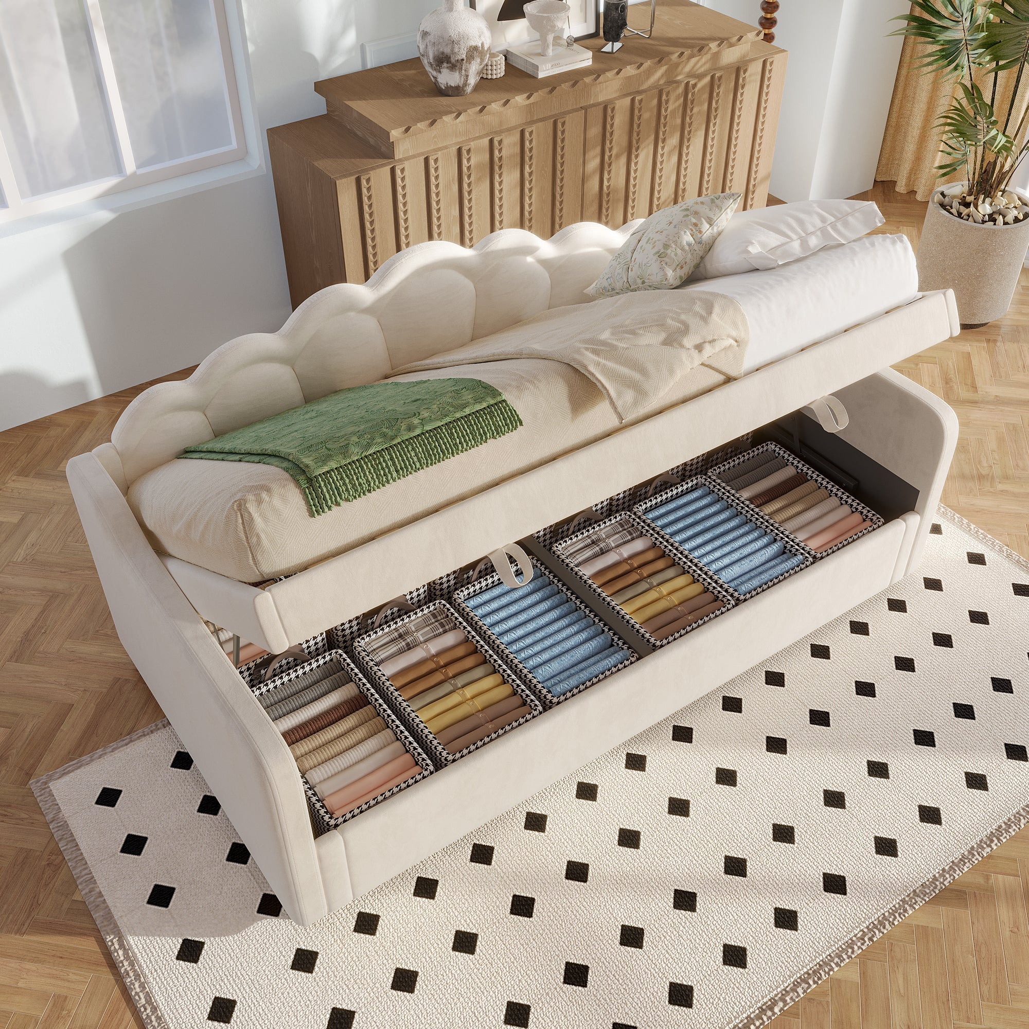 Daybed Sofa Bed 90x200cm Hydraulic Storage LED - Velvet Beige