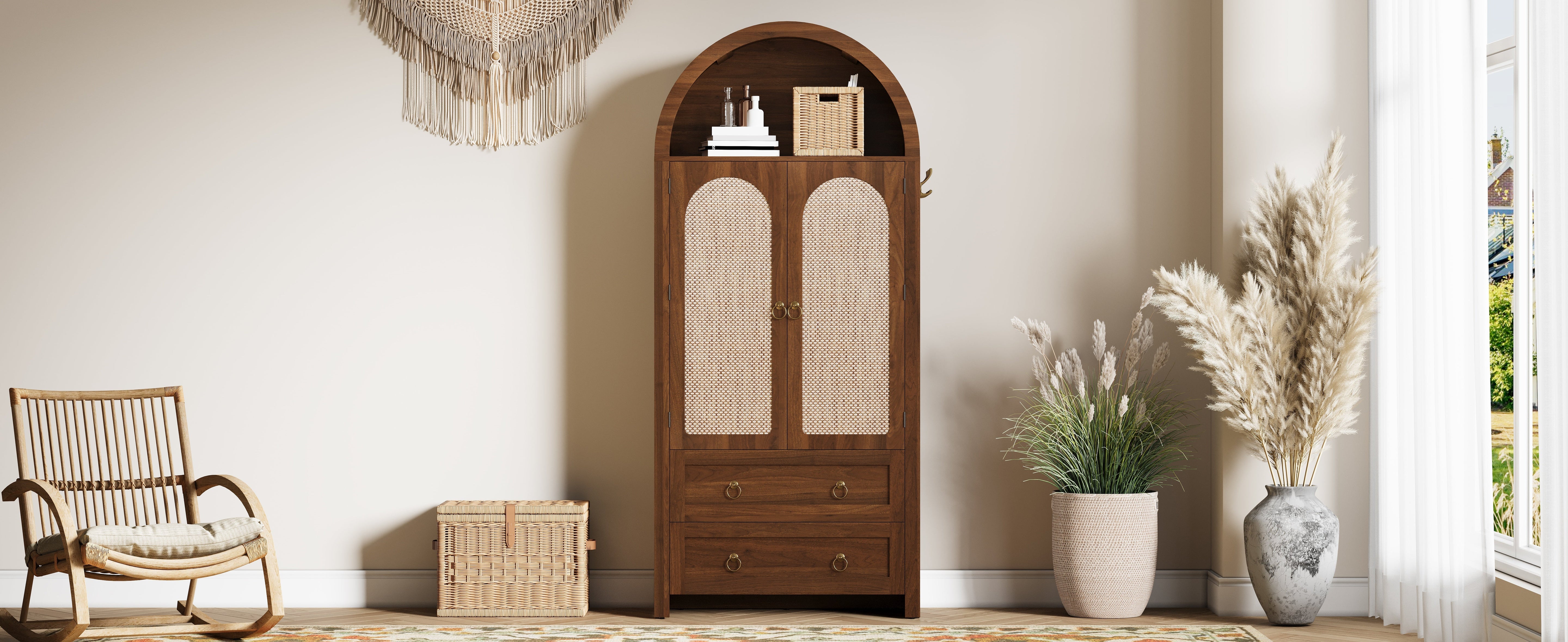 Sideboard Wickerwork Arch Style Double Drawers Storage Vintage