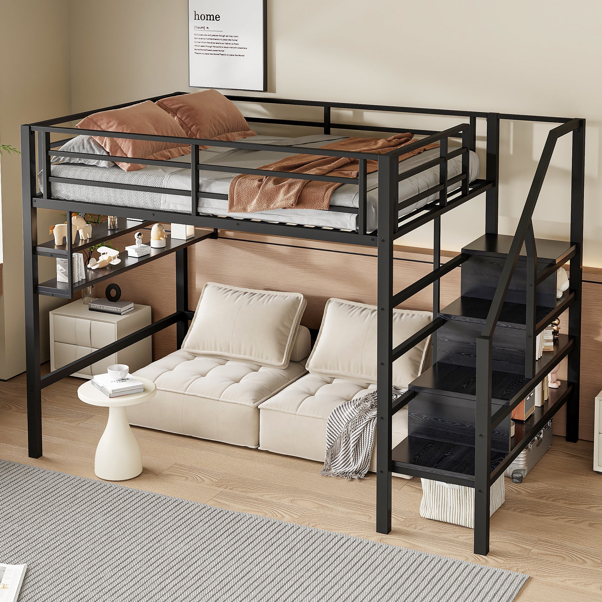 Loft Bed 140x200cm Storage Ladder Shelves Railing Black