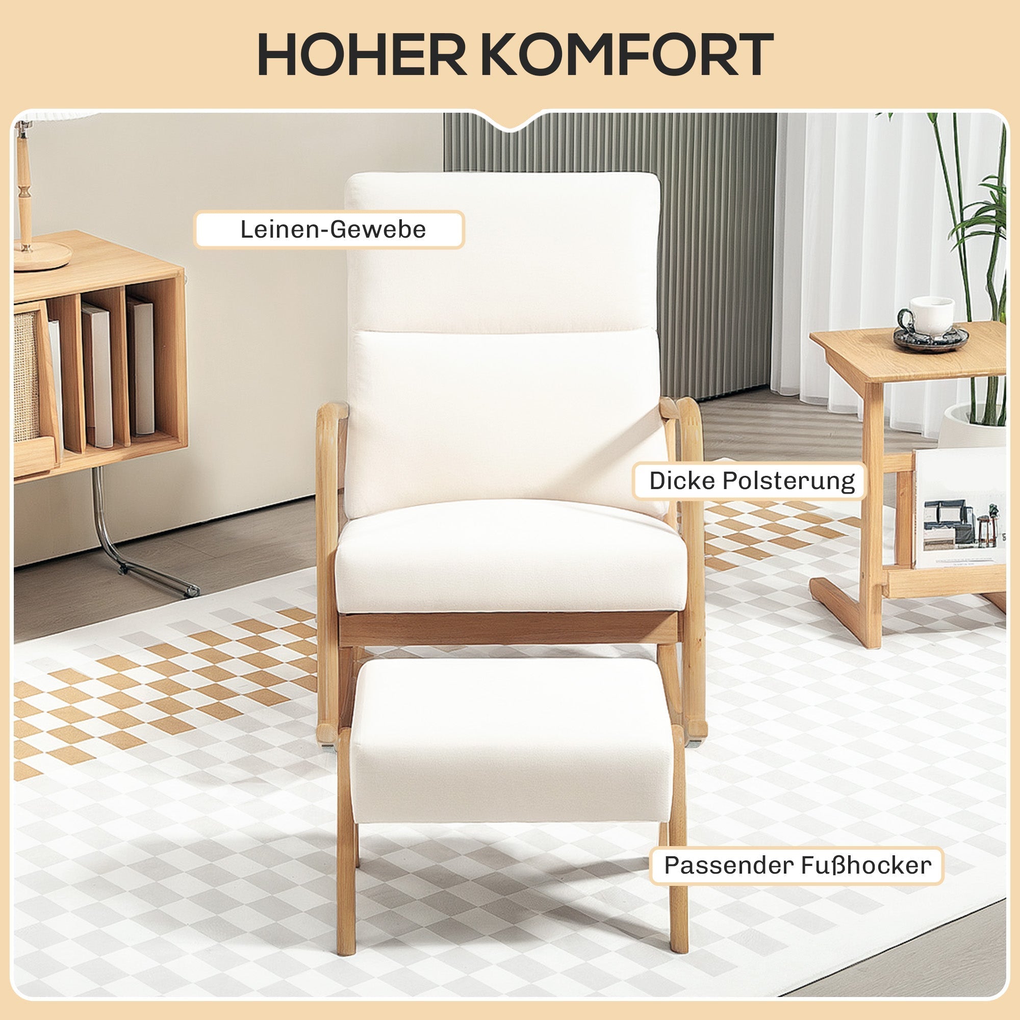 Rocking Chair Footstool Recliner Wooden Legs Linen Look Cream White