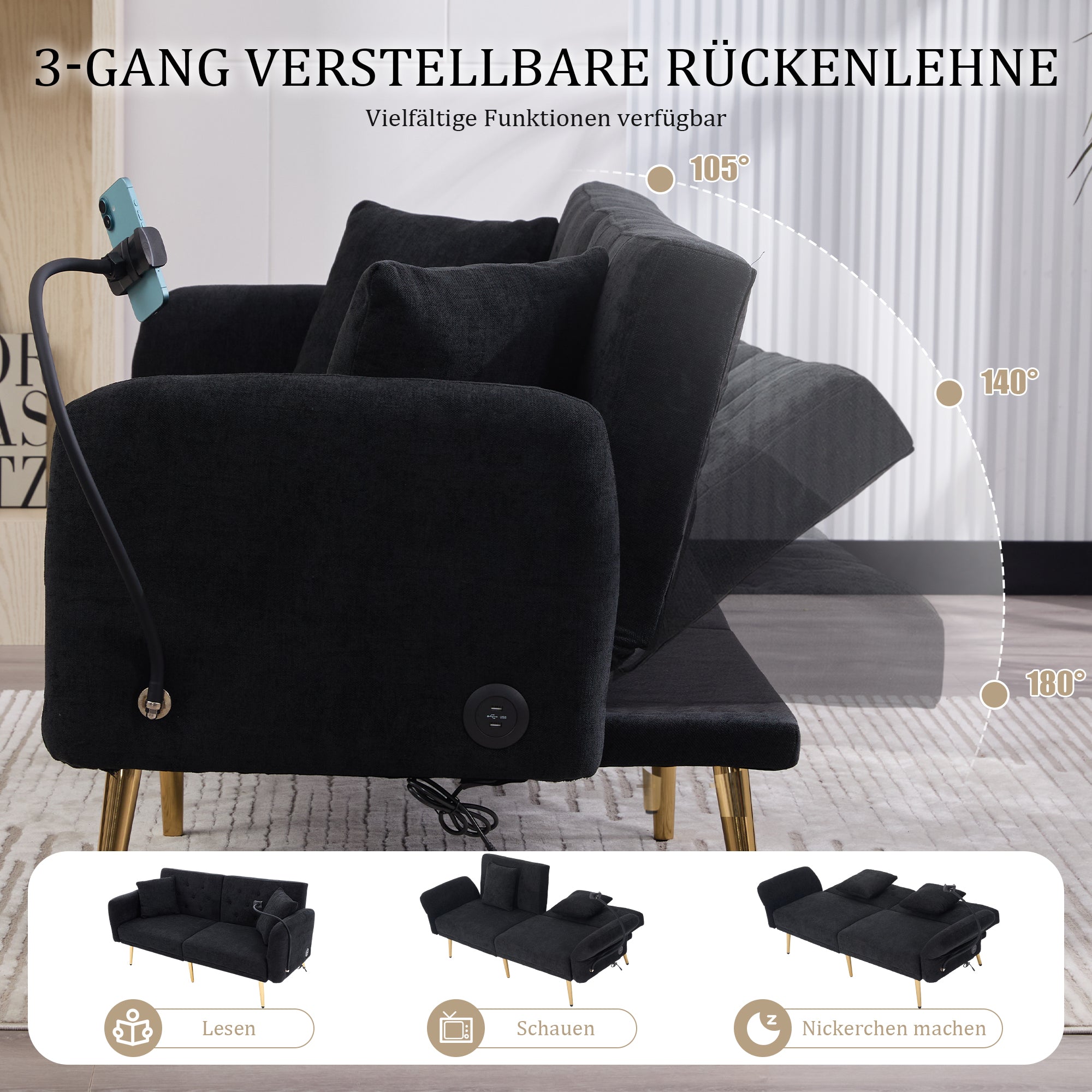 Sofa Bed, Multifunctional with USB & Holder, Metal Legs