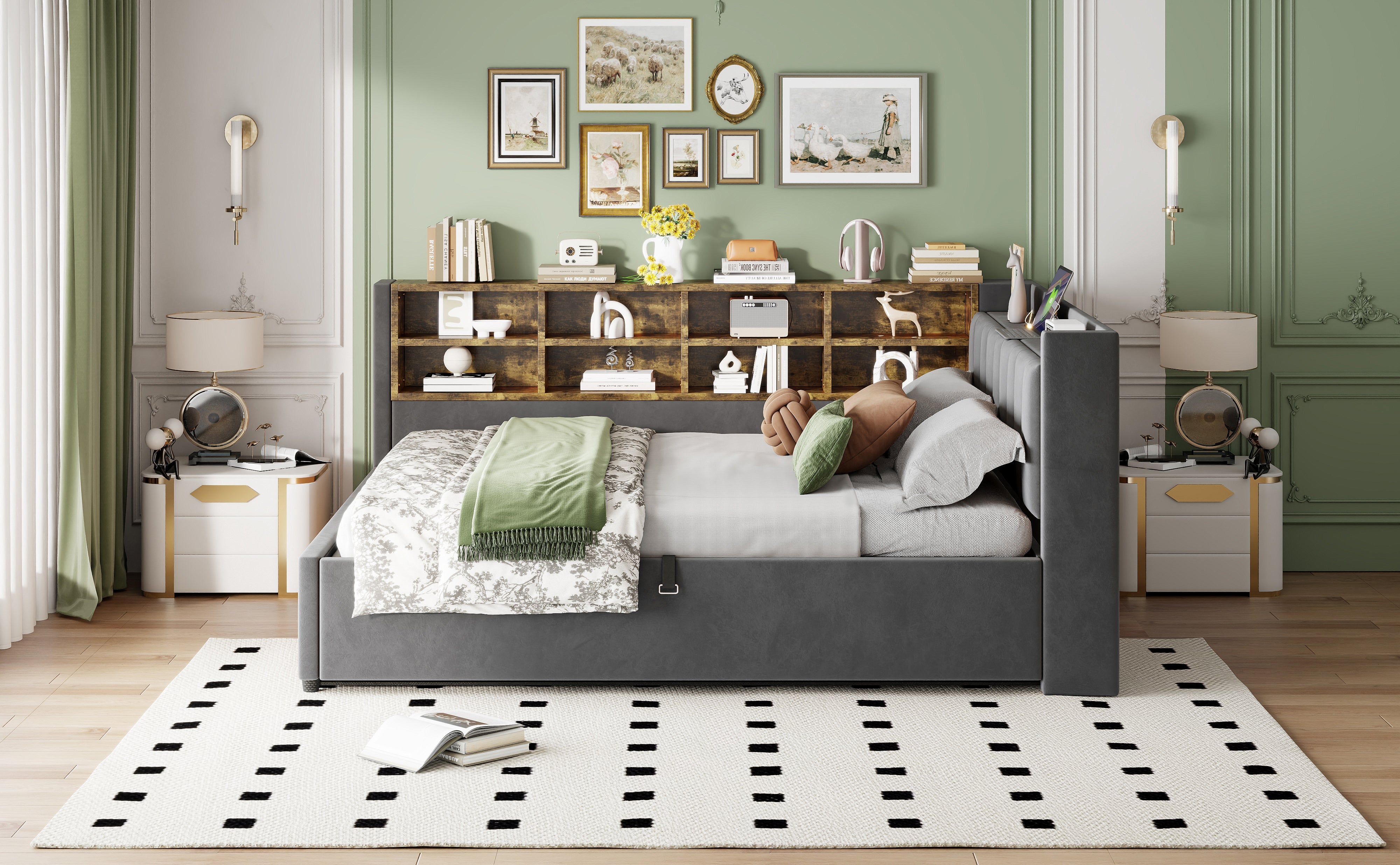 Upholstered Bed/Sofa Bed 140x200 Hydraulic Storage USB Night Light Velvet Dark Grey