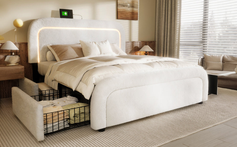 Upholstered Bed Frame, 160x200cm LED USB-C Storage Drawers Adjustable Headboard, Sherp White