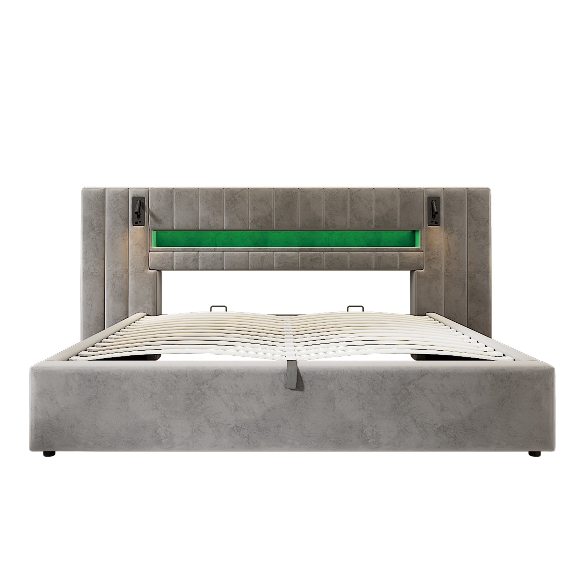 Upholstered Double Bed with USB Port, LED Lighting and Storage, 160x200cm, Grey Velvet