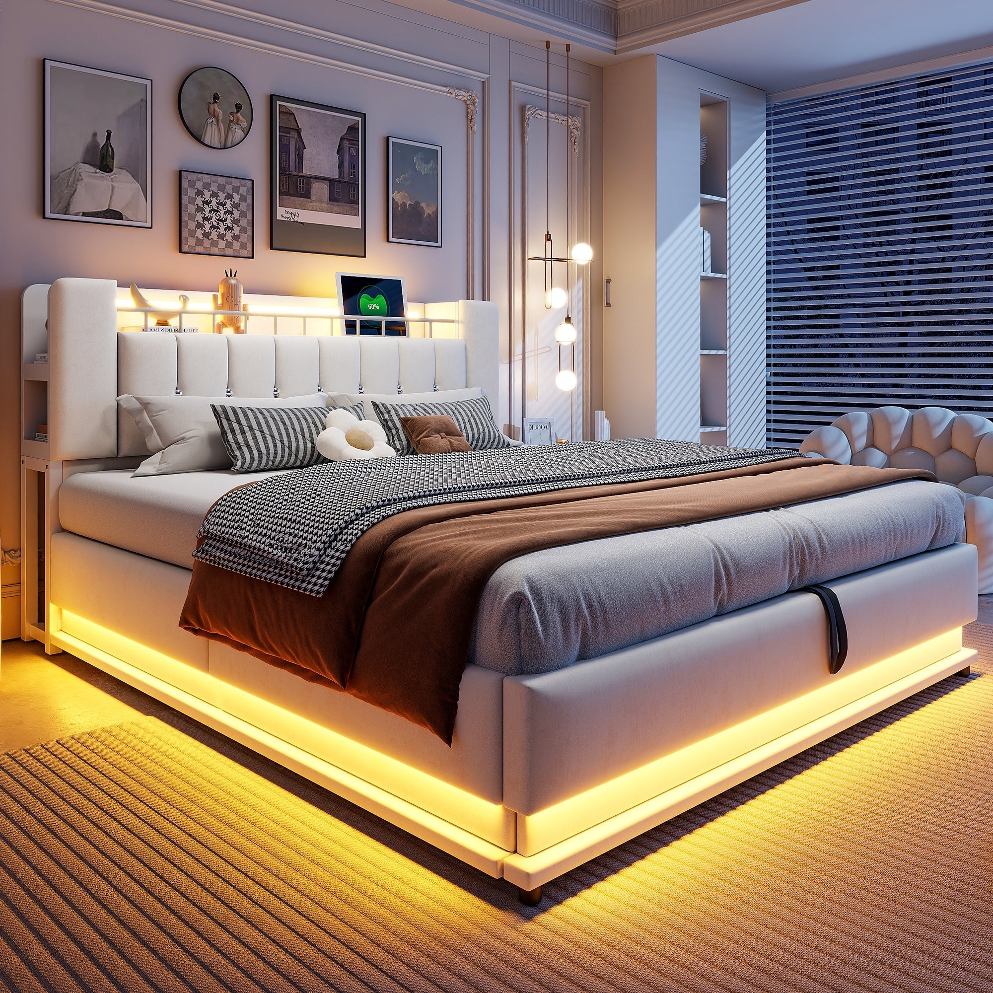 Smart Upholstered Bed with LED, USB and Hydraulic Storage, Beige Velvet